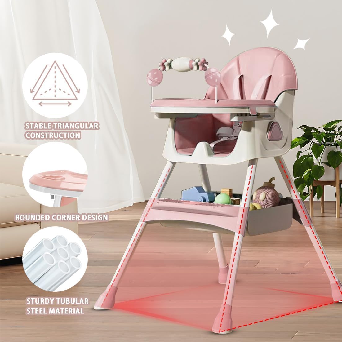 CLICKFUSION 3-in-1 Babyhochstuhl, Kinderstuhl Klappbar Baby Hochstuhl ab 6 Monate, Umwandelbarer Ess- und Spielhochstuhl mit Doppellagigem Essteller und Spielzeugregal