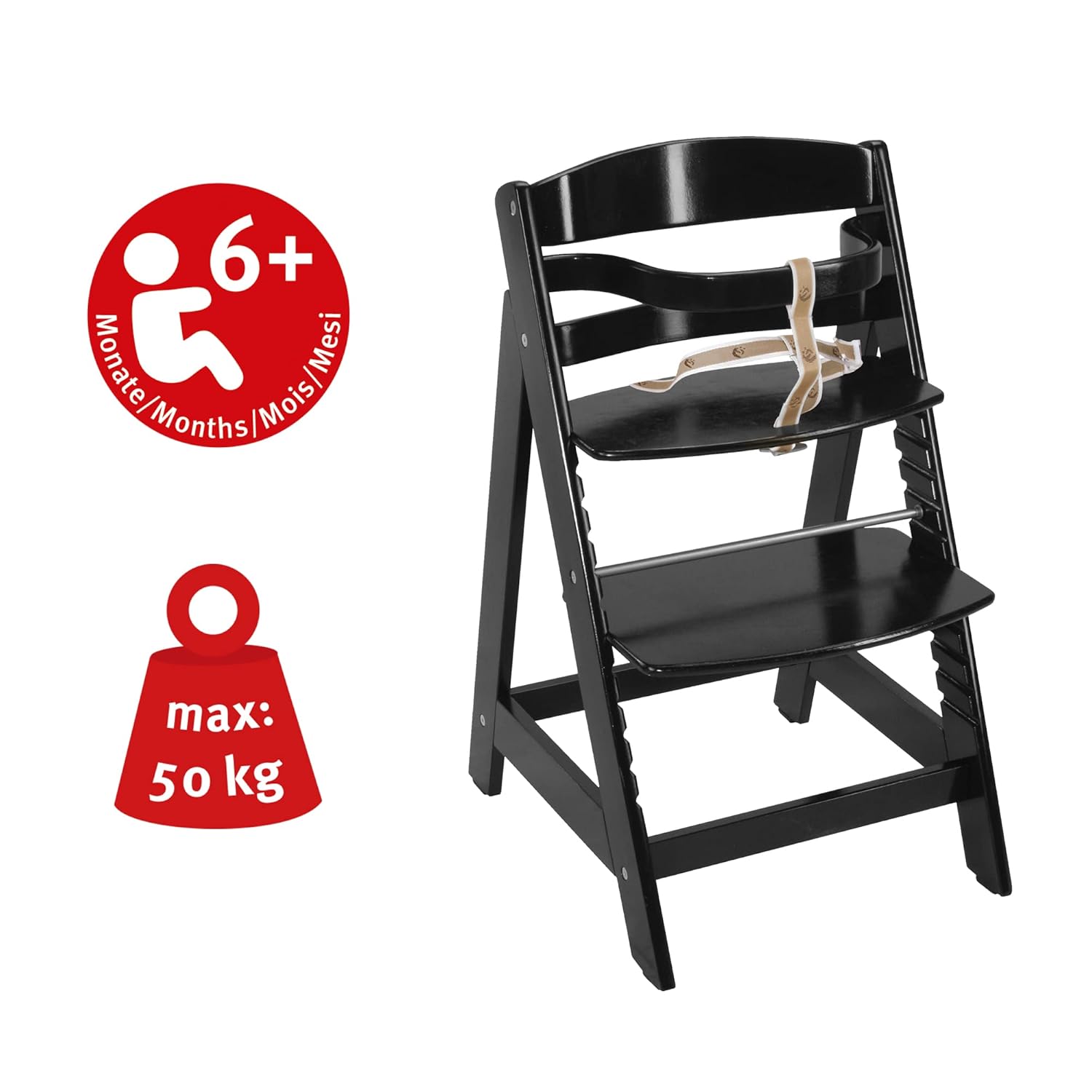 CLICKFUSION Treppenhochstuhl Sit Up III - Mitwachsender Baby Hochstuhl - ab 6 Monaten - Kinderhochstuhl aus Holz schwarz - Stuhl bis 50 kg belastbar, 1 Stück (1er Pack)