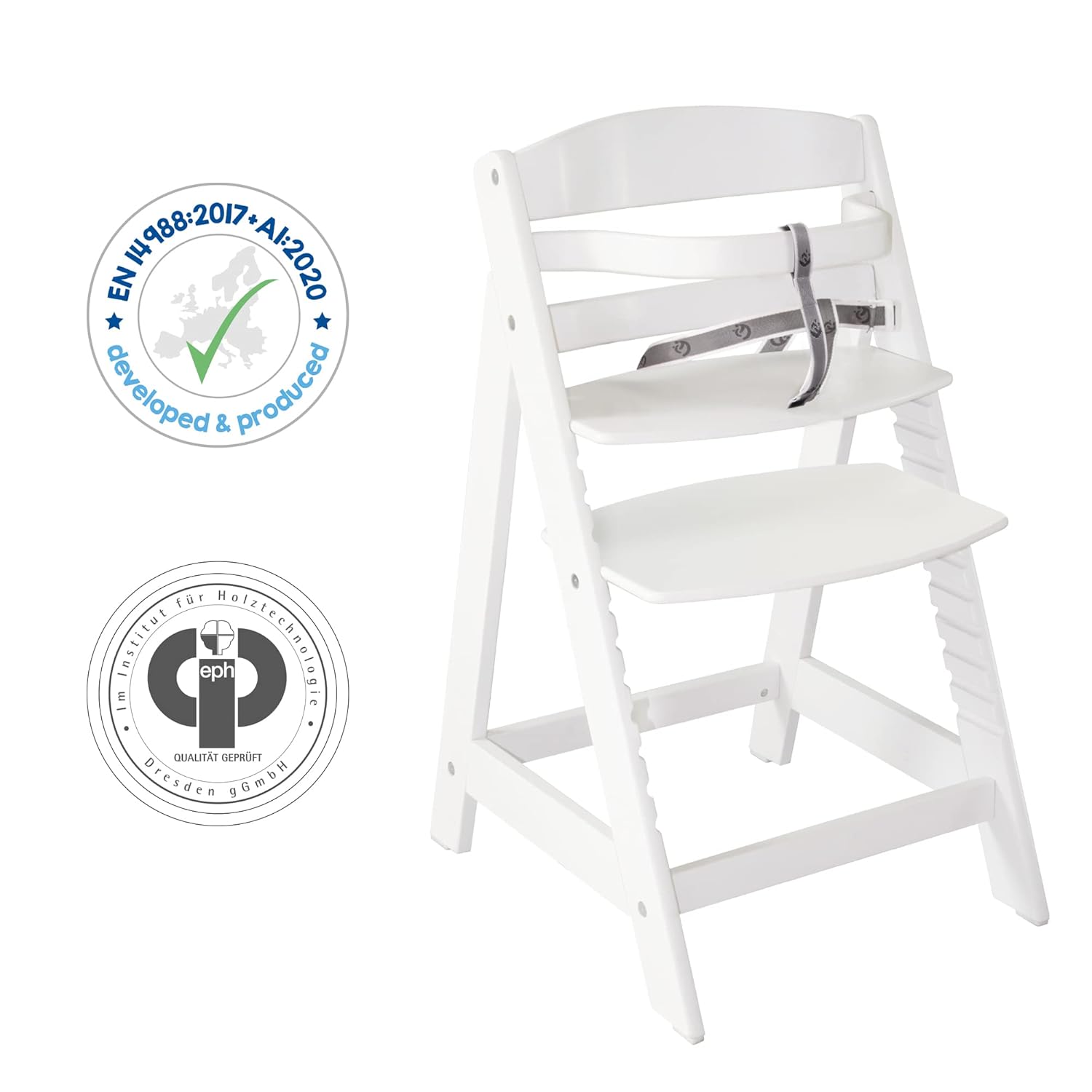 CLICKFUSION Treppenhochstuhl Sit Up III - Mitwachsender Baby Hochstuhl - ab 6 Monaten - Kinderhochstuhl aus Holz weiß - Stuhl bis 50 kg belastbar, 1 Stück (1er Pack)