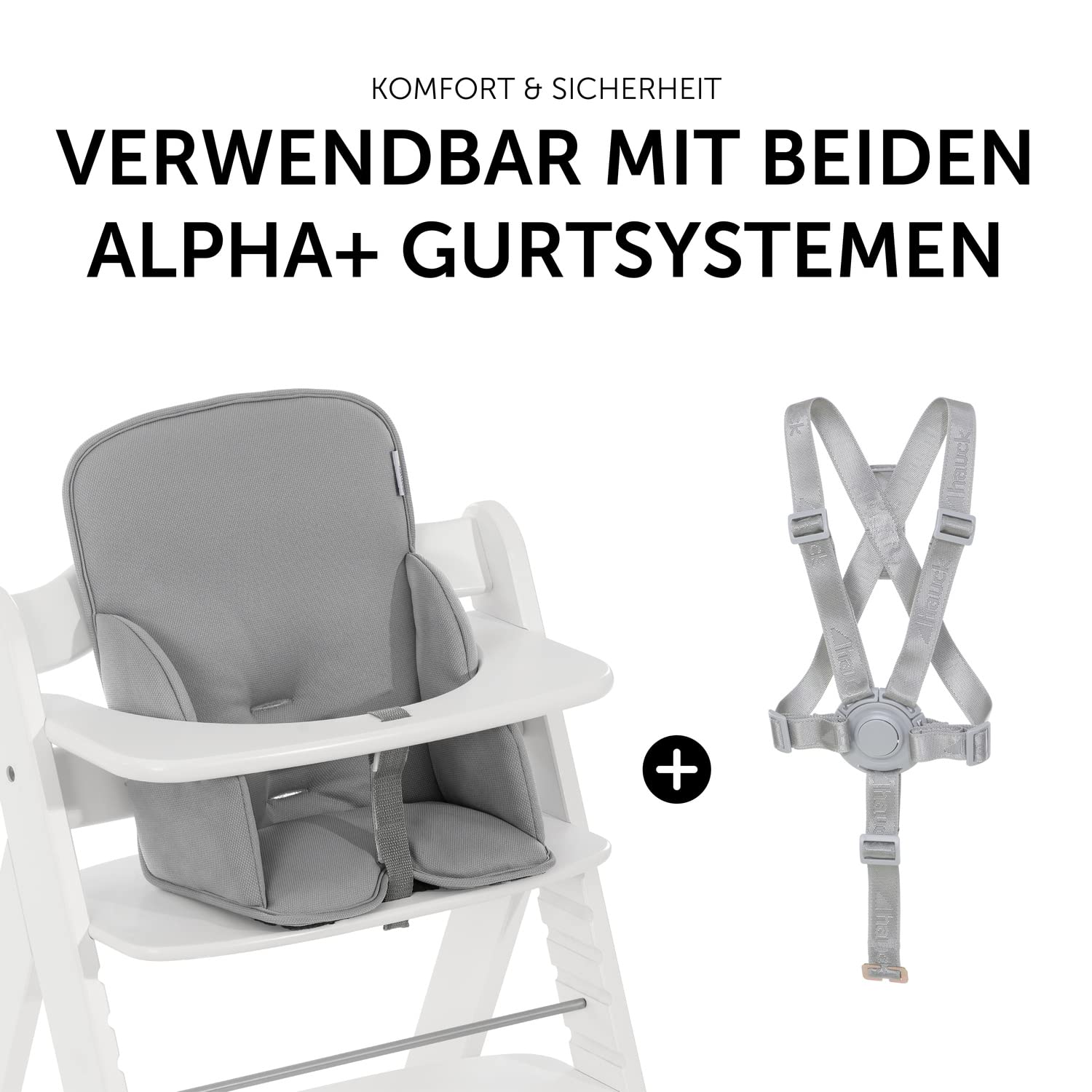 CLICKFUSION Sitzverkleinerer Kissen Alpha Cosy Kompatibel mit Alpha+, Beta+ & Arketa Holzhochstuhl, für Babys 6-36 Monate, Hochstuhl Sitzkissen mit hoher Rückenlehne und Stabilisierten Seiten (Stretch Grey)