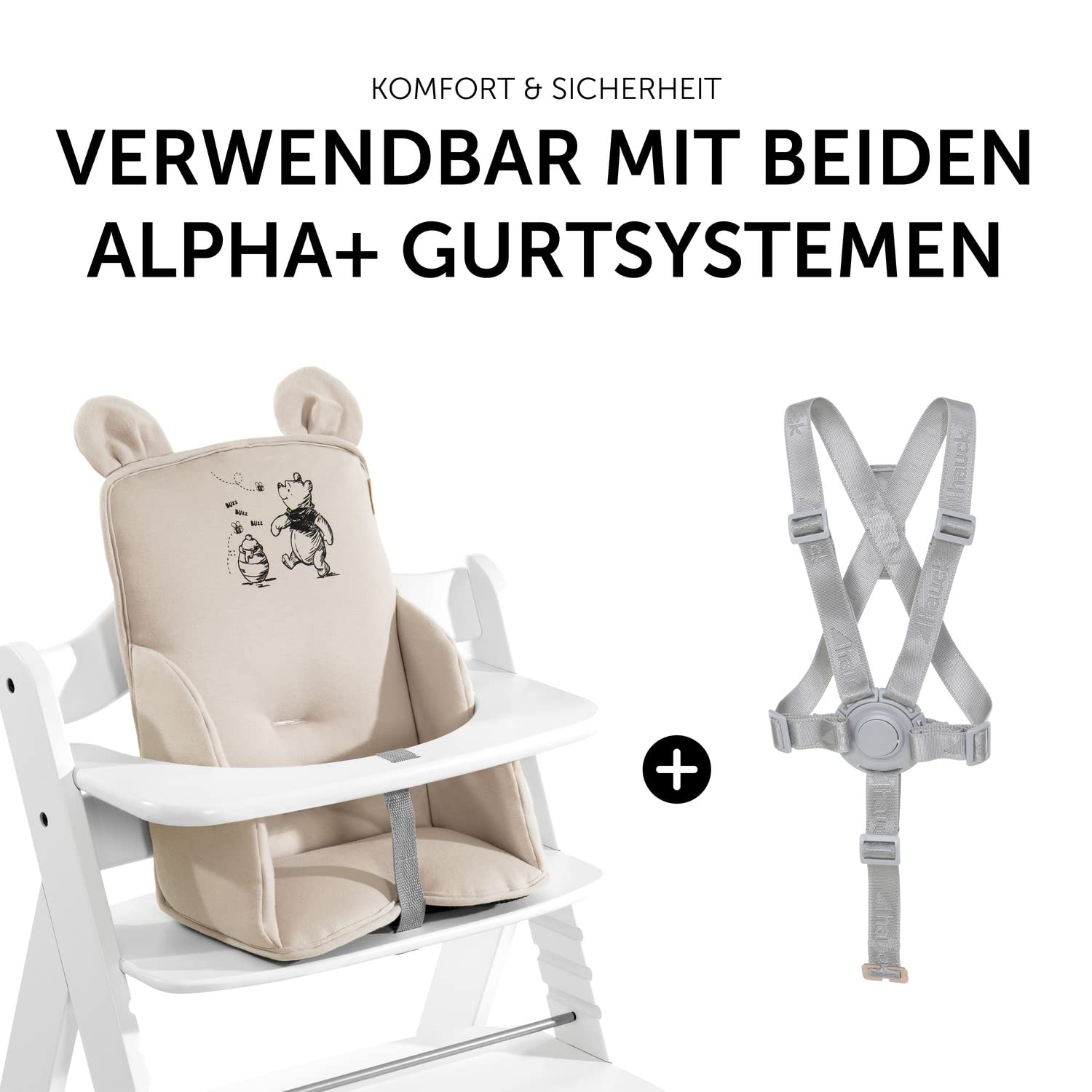 CLICKFUSION Sitzverkleinerer Kissen Alpha Cosy Kompatibel mit Alpha+ Beta+ & Arketa Hochstuhl Babys 6-36 Monate Hochstuhl Sitzkissen mit hoher Rückenlehne & Stabilen Seiten (Disney Winnie the Pooh Beige)