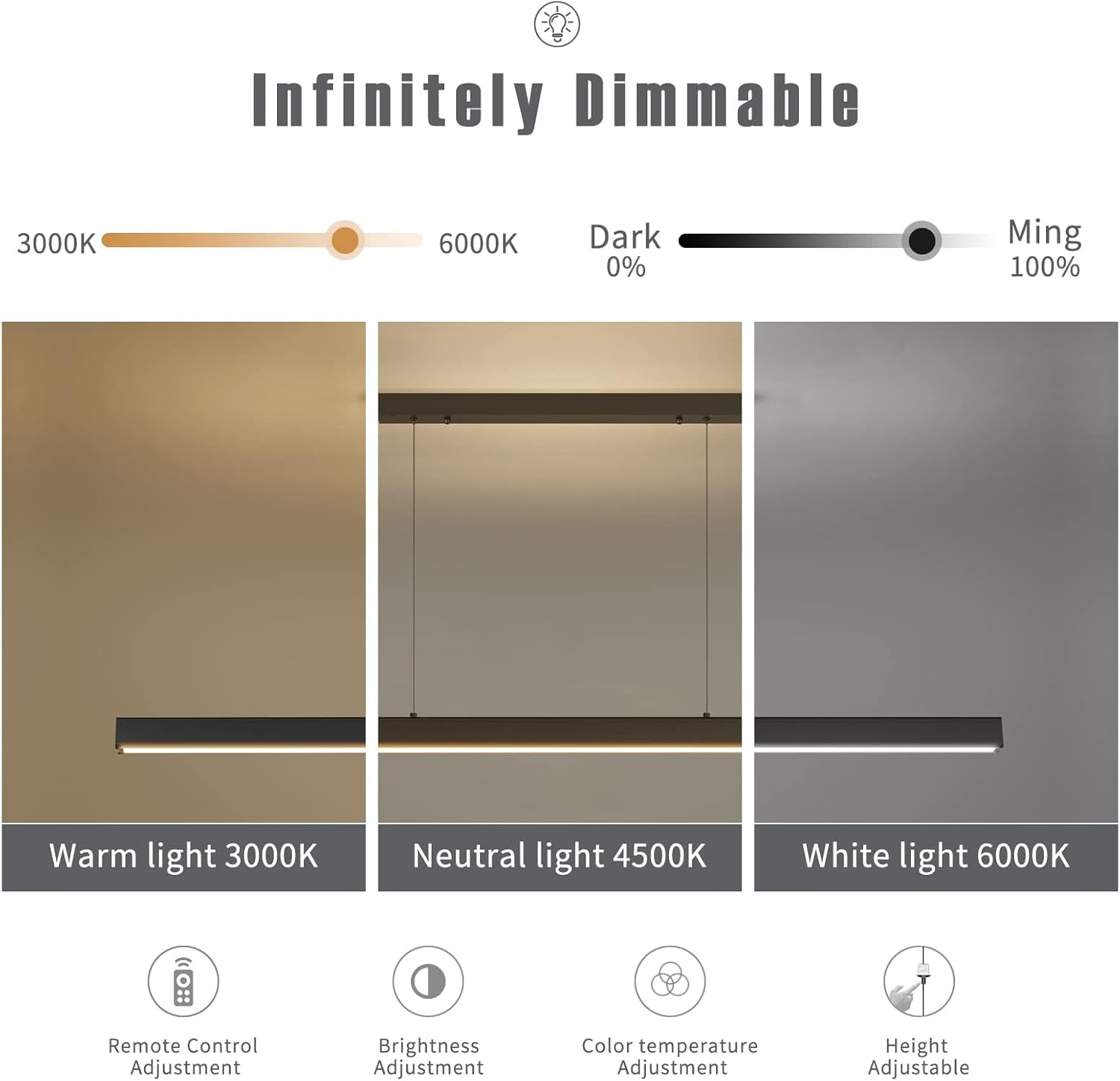 CLICKFUSION LED Pendant Lamp, Linear Pendant Lights, 35 W, 120 cm, Modern, Dimmable with Remote Control, Dining Table Pendant Light, Hanging Height Adjustable 1-150 cm, Kitchen Pendant Light, for Office, [Energy Class E]