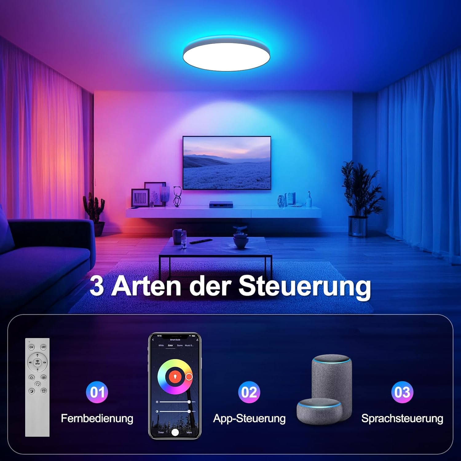 CLICKFUSION LED Ceiling Light, Dimmable, 36 W Diameter 30 cm, Smart RGBIC LED Ceiling Light with Remote Control, Works with Alexa & Google Assistant, Ceiling Lights for Bedroom, Living Room [Energy Class A]