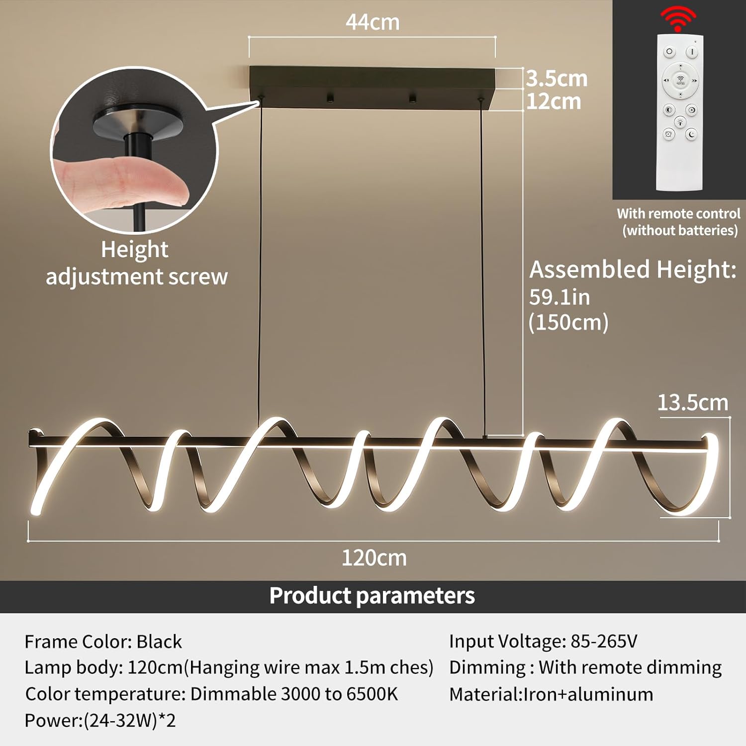 CLICKFUSION 120cm Spirale Hängelampe, Kreative LED Pendelleuchte, Esszimmerlampe Dimmbar 10% - 100% Helligkeit, 3000k/4500k/6000k Lineare Kronleuchter, Höhe 150cm Einstellbar Für Esszimmer, Wohnzimmer [Energieklasse E]