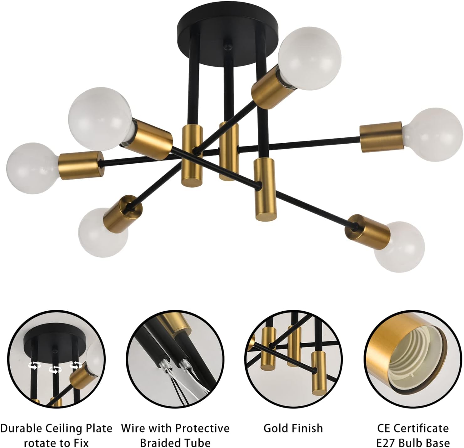 CLICKFUSION Deckenleuchte Vintage, Sputnik Kronleuchter Industrial Modern Hängelampe für Wohnzimmer Esszimmer Flur Restaurant Hotel, 6 Flammig Gold E27