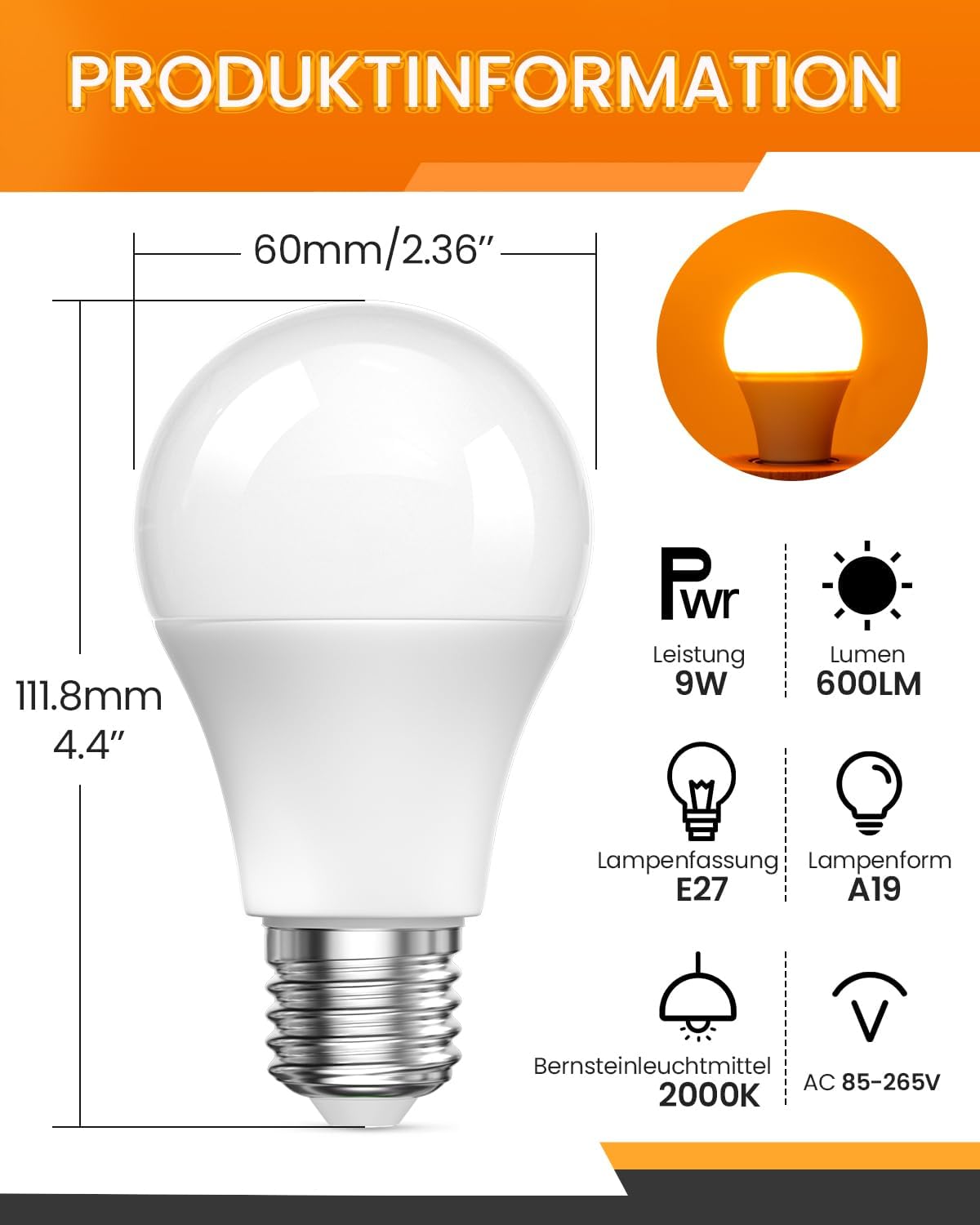 CLICKFUSION E27 LED Glühbirne 2000K, Bernstein Warmlicht Blaulicht-Blockierung Nachtlicht 9W (Ersetzt 60W E27 Leuchtmittel Weiches Warmweißes für Schlafzimmer, Gesunder Schlaf, Babyzimmerlicht, 2 Stück