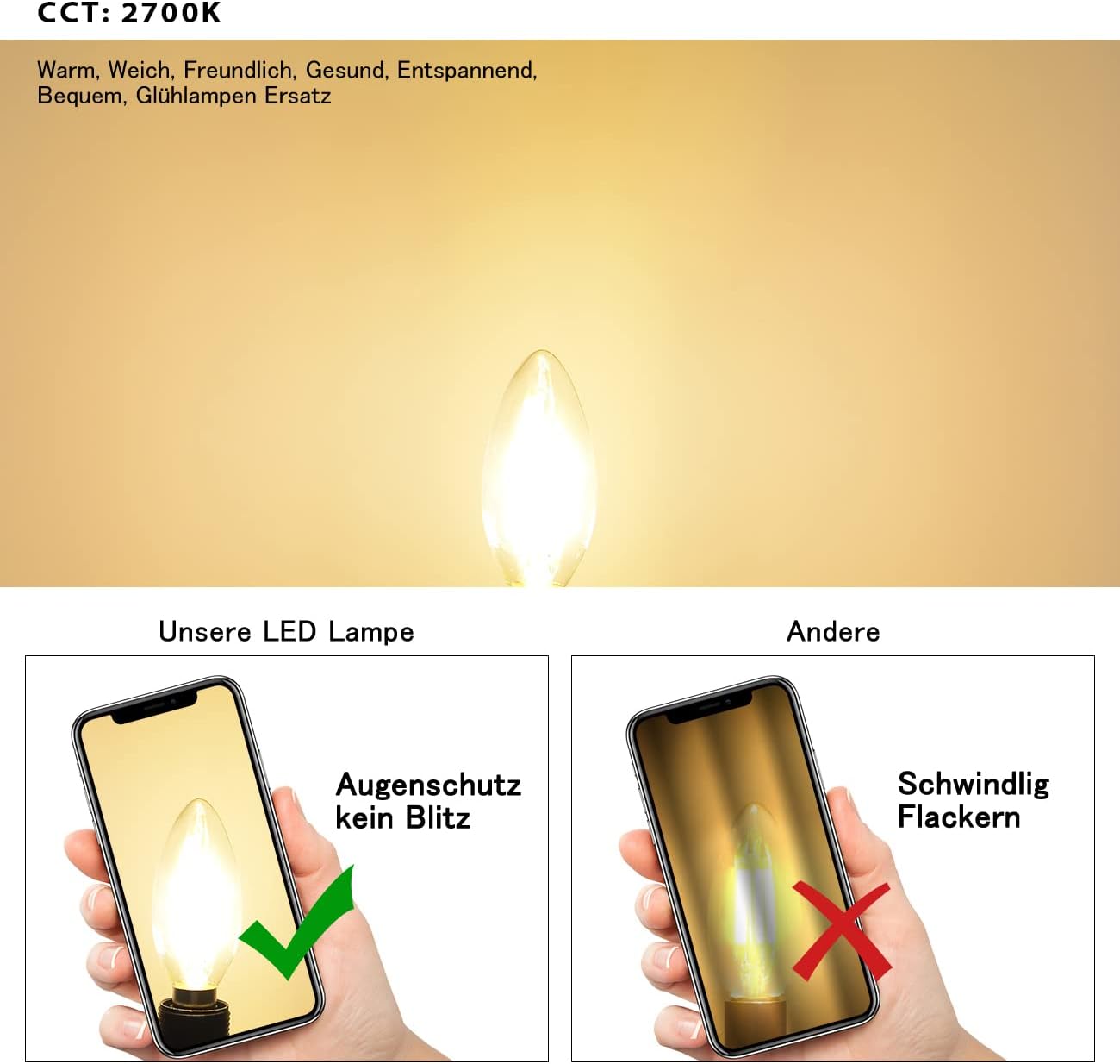 CLICKFUSION E14 Kerze LED Lampe für Kronleuchter, 470 lm, 4W ersetzt 40 Watt, 2700K Warmweiß, Filament Fadenlampe, Glas, nicht dimmbar (12er Pack)