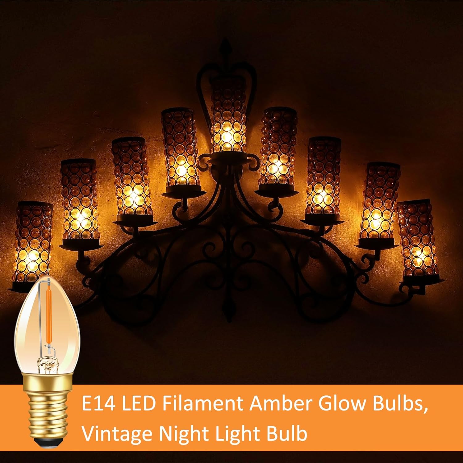 CLICKFUSION 2 Stück C7 LED Kerze Birne 0.5W E14 Filament Glühbirne Ersetzt 5W Warmweiß 2200K 50LM 220V Amber Vintage Edison E14 für Weihnachtsdeko Nachtlicht Salzelampe, Nicht Dimmbar [Energieklasse G]
