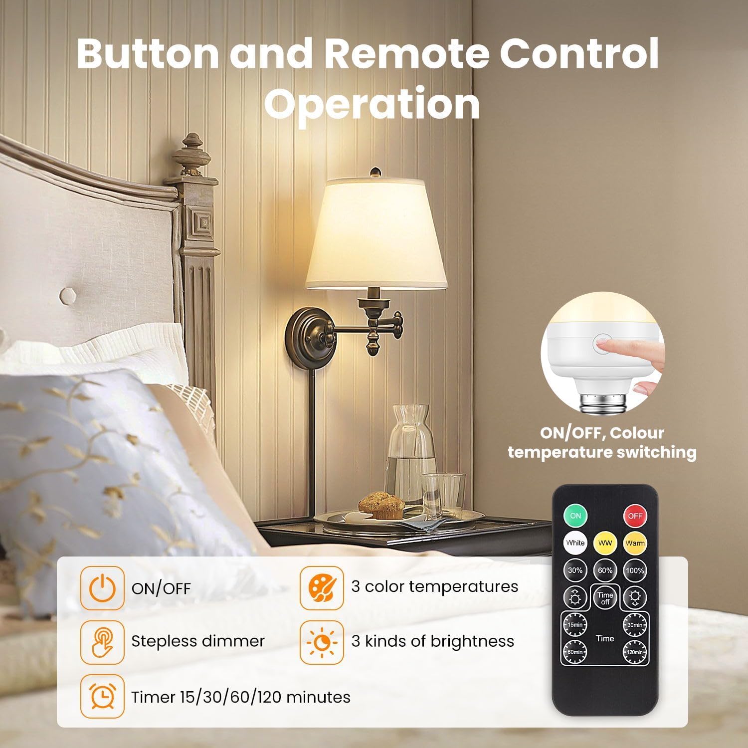 CLICKFUSION USB-C Wiederaufladbare Glühbirne mit Fernbedienung, E27 3 Farben Dimmbare LED Glühbirne mit Batterie, 5W Touch Control Akku Glühbirne Mit Timing-funktion, Notlicht Mit Magnetische, 2 Pack