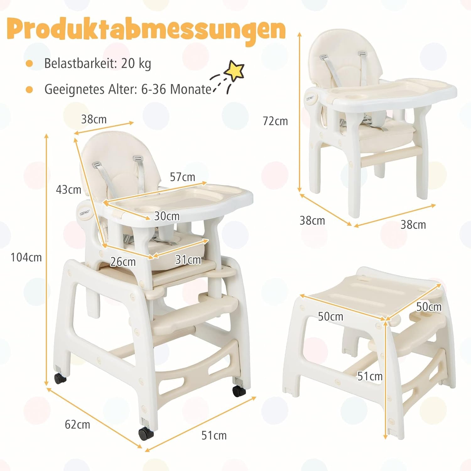 CLICKFUSION 3 in 1 Babystuhl, Hochstuhl & Essstuhl & Kindersitzgruppe, wandelbarer Babyhochstuhl mit 5-Punkt-Gurt, abnehmbarem Tablett & Sitzkissen & Rückenlehne, für 6-36 Monate, 20 kg belastbar (Beige)