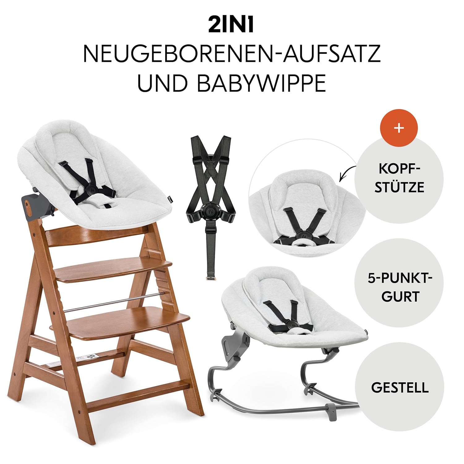 CLICKFUSION Alpha Plus Newborn Set mit Premium Bouncer Light Grey - Baby Holz Hochstuhl ab Geburt mit Liegefunktion - extra flacher Aufsatz für Neugeborene & Baumwoll Sitzpolster - Walnut