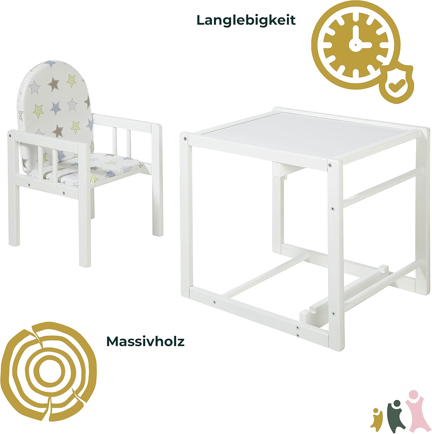 CLICKFUSION Hochstuhl NICO Baby Hochstuhl mit Tisch Babystuhl mit 3-Punkt Sicherheitsgurt Rückenteil Fußtrittbrett & gepolsterte Sitzfläche schadstofffreies Kinderzimmerzubehör Weiß
