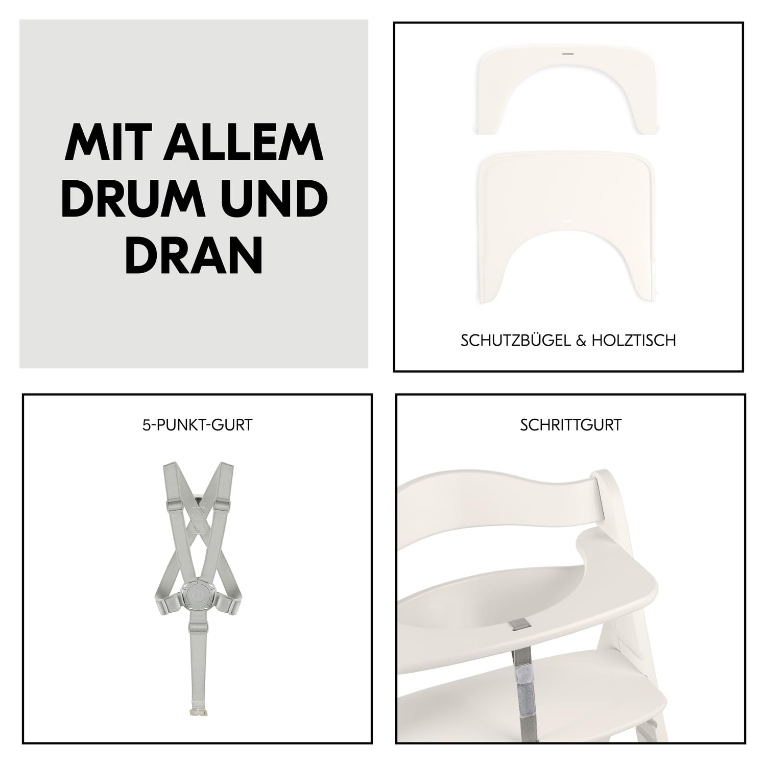 CLICKFUSION Kinder Hochstuhl Beta+, Mitwachsender Holz Babystuhl (FSC zertifiziert), Kinderhochstuhl ab 6 Monate mit Sitzkissen, Holz Essbrett und Schutzbügel, 5-Punkt-Gurt und Schrittgurt (White)