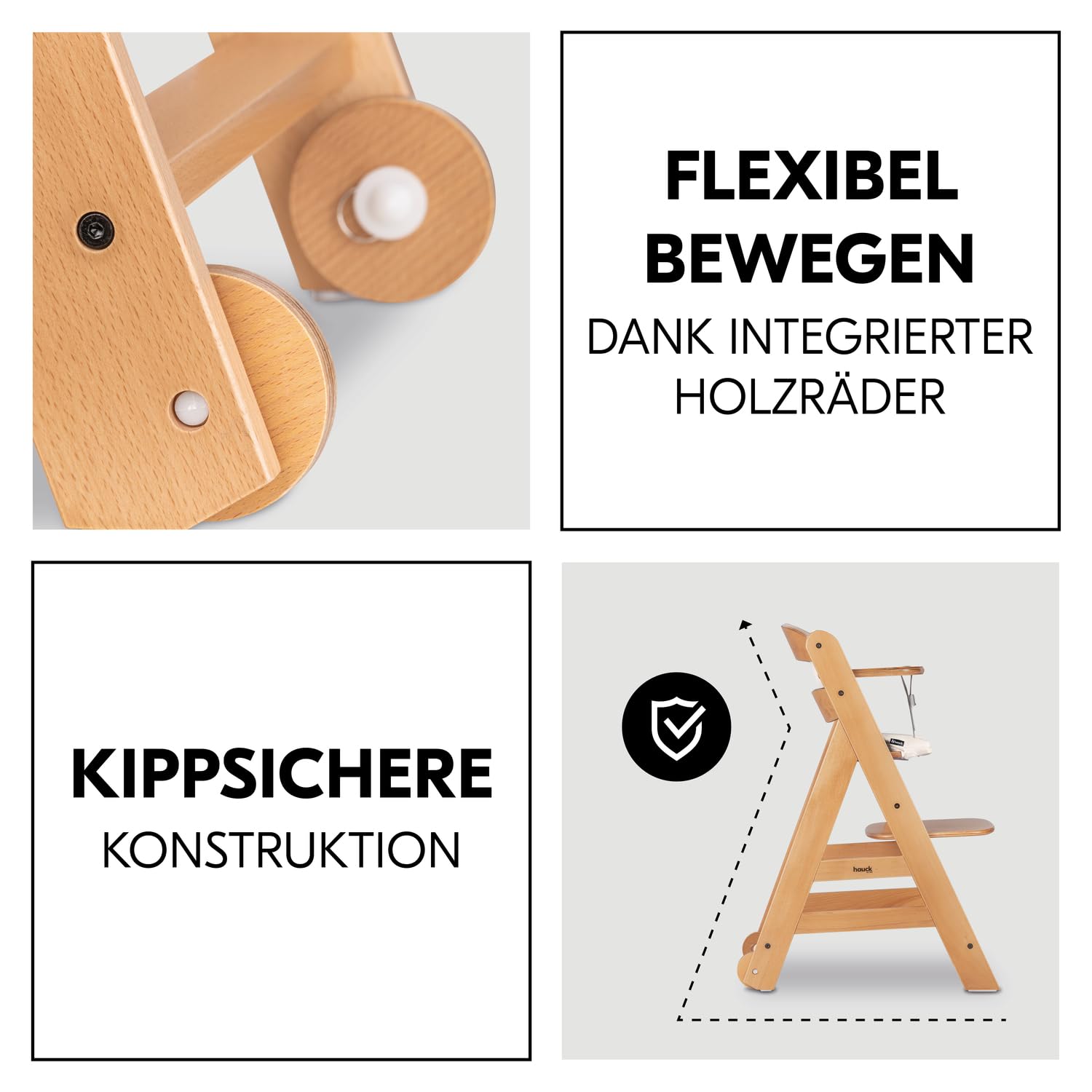 CLICKFUSION Kinder Hochstuhl Beta+, Mitwachsender Holz Babystuhl (FSC zertifiziert), Kinderhochstuhl ab 6 Monate mit Sitzkissen, Holz Essbrett und Schutzbügel, 5-Punkt-Gurt und Schrittgurt (Natural)