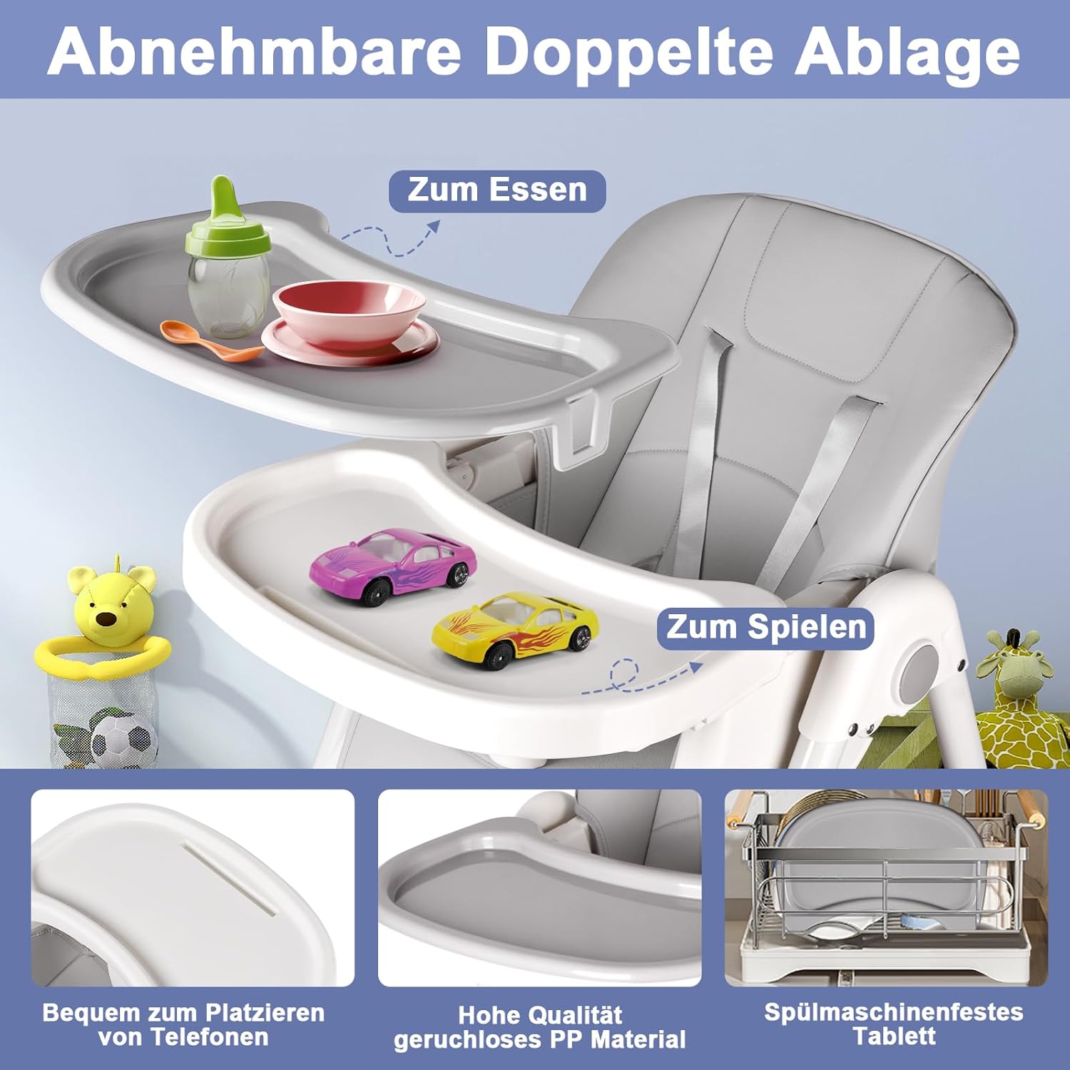 CLICKFUSION Hochstuhl Baby, Kinderhochstuhl mit Babyliege, Verstellbar Klappbar Hochstuhl Baby mit Essbrett und Rollen,Korb, mitwachsend ab 6 Monate bis 6 Jahre Babystuhl