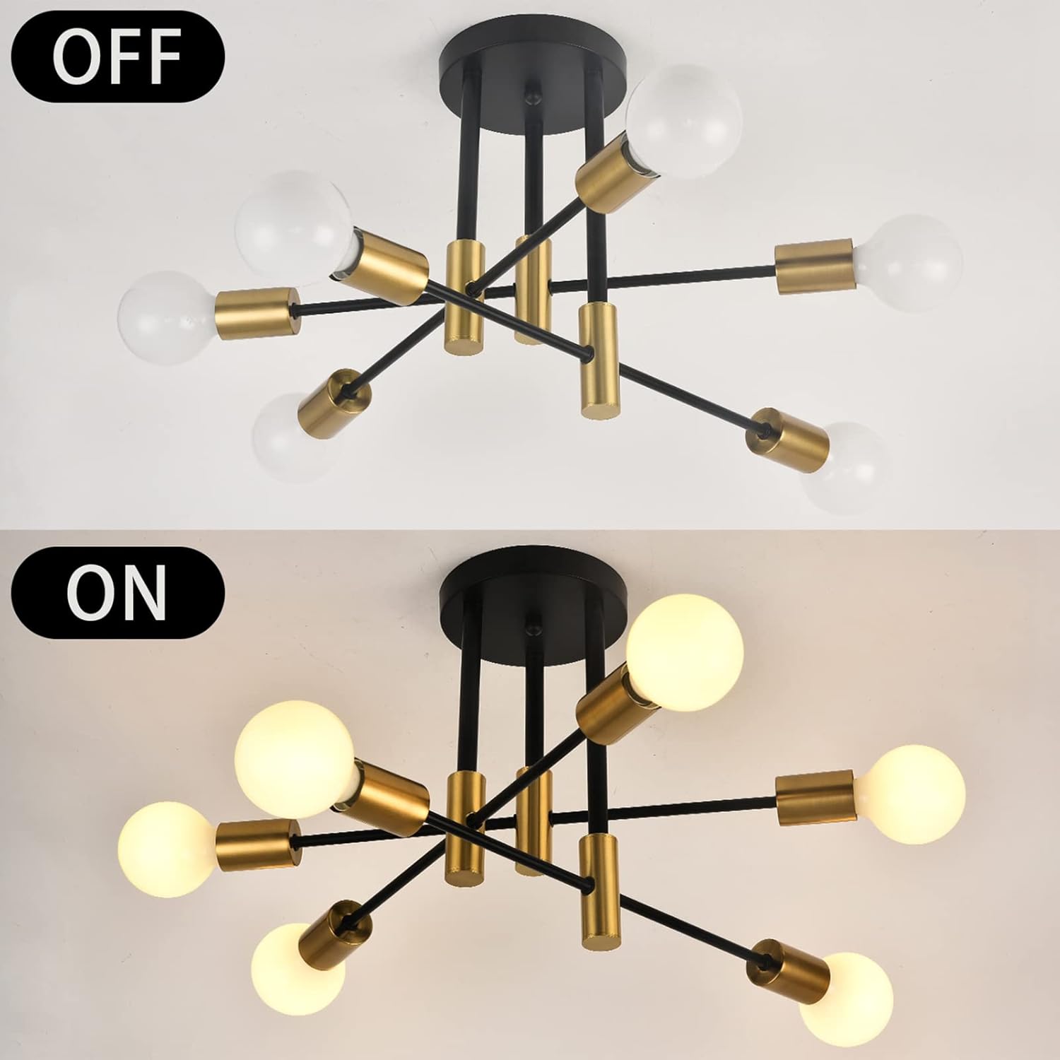 CLICKFUSION Deckenleuchte Vintage, Sputnik Kronleuchter Industrial Modern Hängelampe für Wohnzimmer Esszimmer Flur Restaurant Hotel, 6 Flammig Gold E27