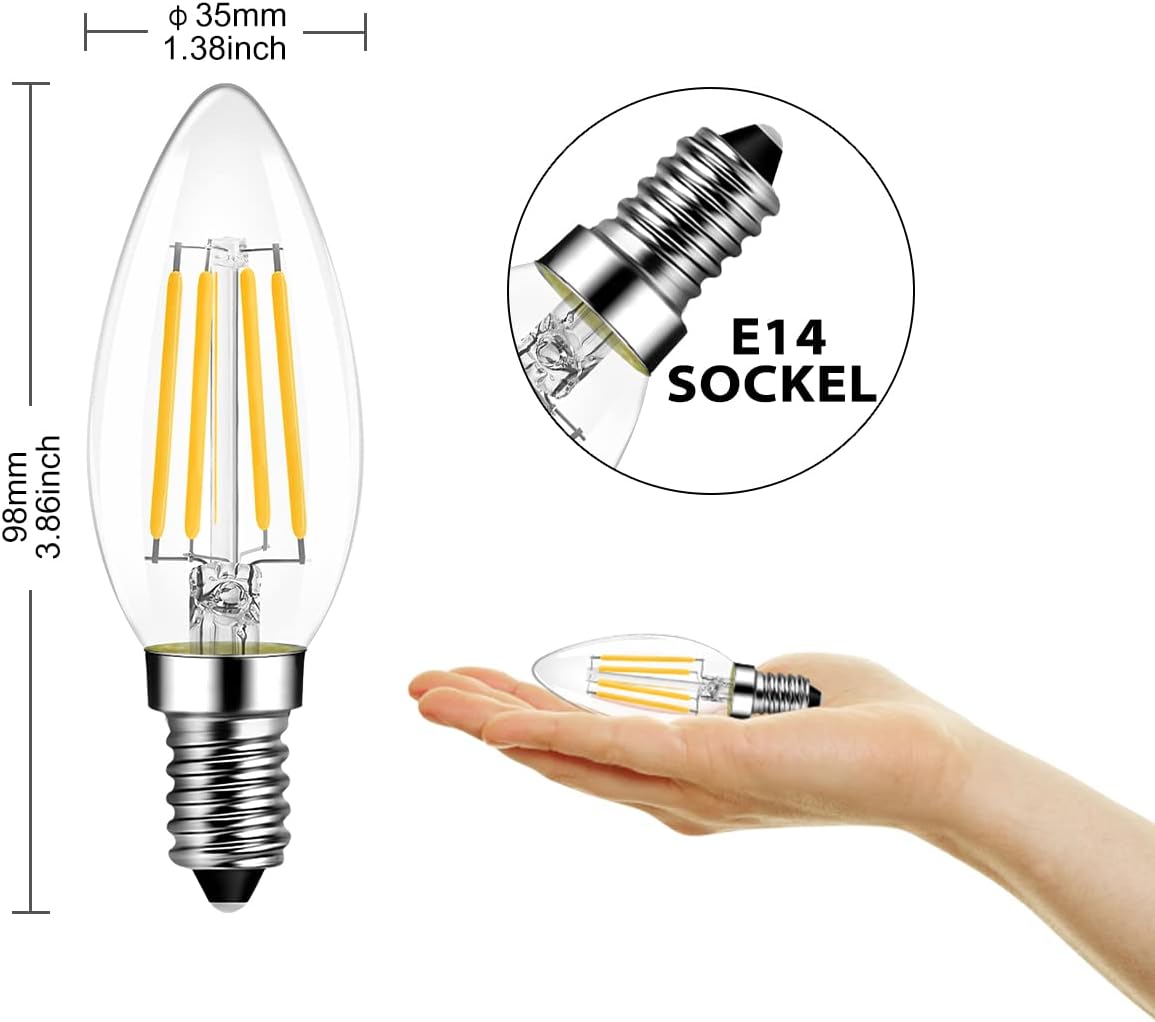 CLICKFUSION E14 Kerze LED Lampe für Kronleuchter, 470 lm, 4W ersetzt 40 Watt, 2700K Warmweiß, Filament Fadenlampe, Glas, nicht dimmbar (12er Pack)