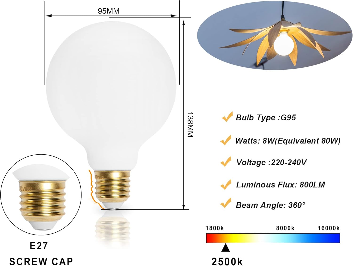 CLICKFUSION LED Filament Lampen G95 E27 8W 2500K Dimmable Opal LED Große Glühbirnen Leuchtmittel Matt Weiß 2stk