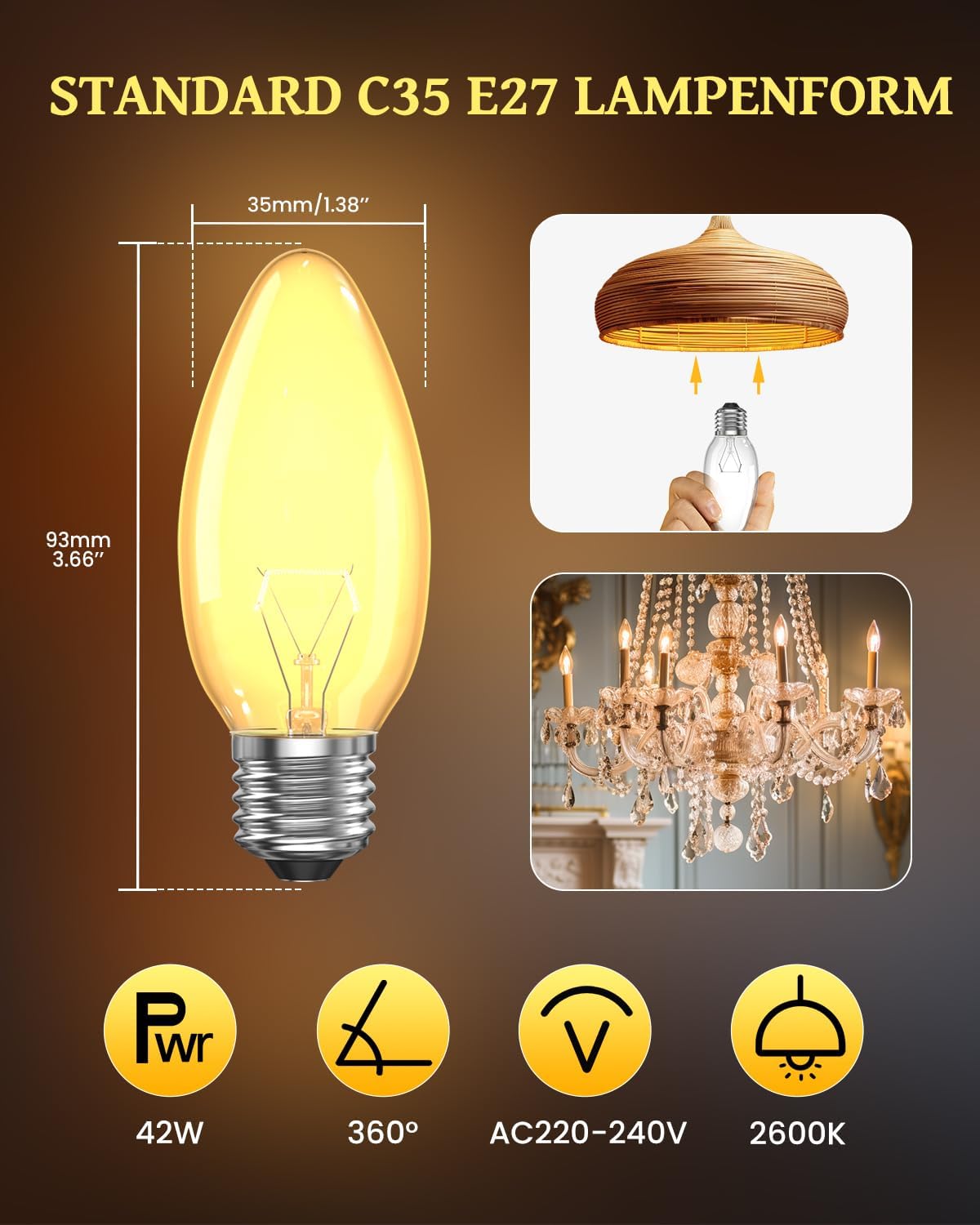 CLICKFUSION Glühbirne Kerze E27 HalogenLampe C35 42W Leuchtmittel Dimmbar Warmweiß 2600K 230V, Edison Schraube Kerzenlampe Klarer Transparenter 300Lm für Schlafzimmer Küche Wohnzimmer, 6 per Pack [Energieklasse G]