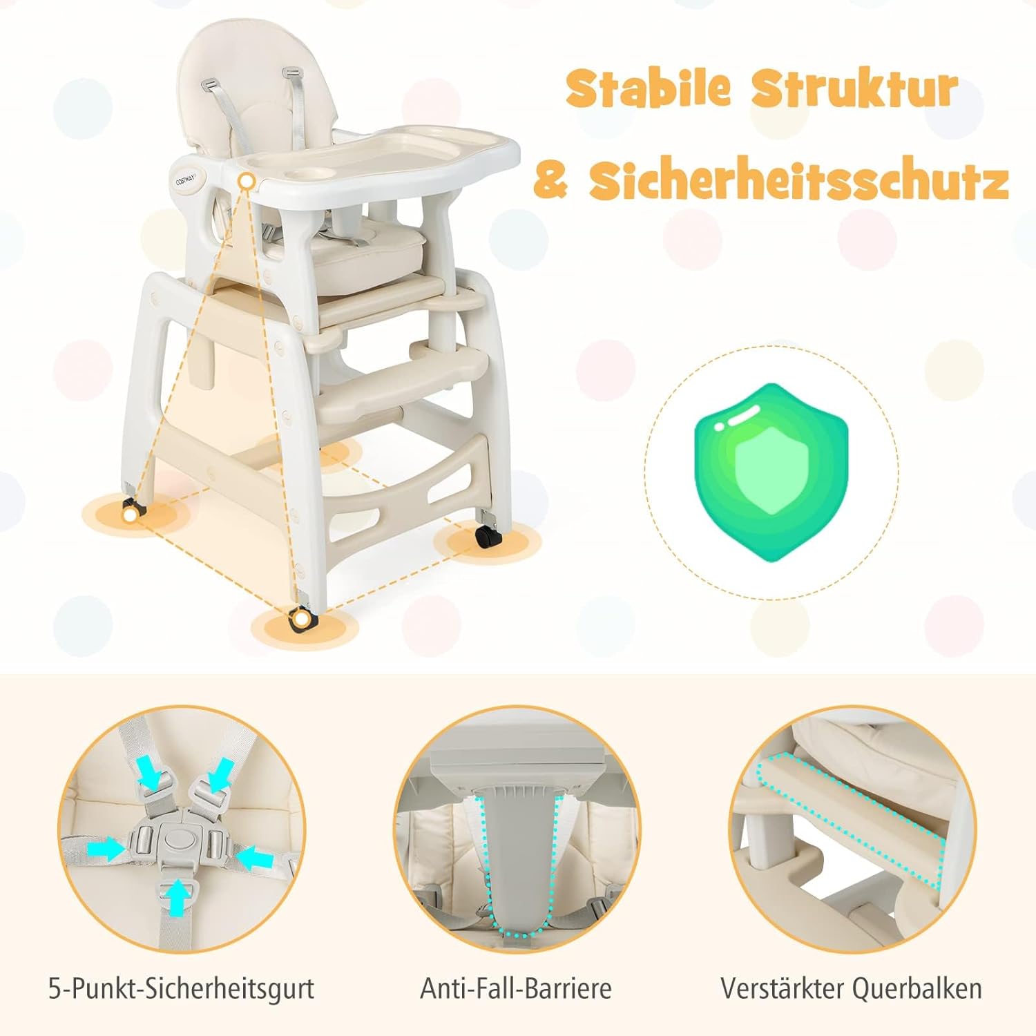 CLICKFUSION 3 in 1 Babystuhl, Hochstuhl & Essstuhl & Kindersitzgruppe, wandelbarer Babyhochstuhl mit 5-Punkt-Gurt, abnehmbarem Tablett & Sitzkissen & Rückenlehne, für 6-36 Monate, 20 kg belastbar (Beige)