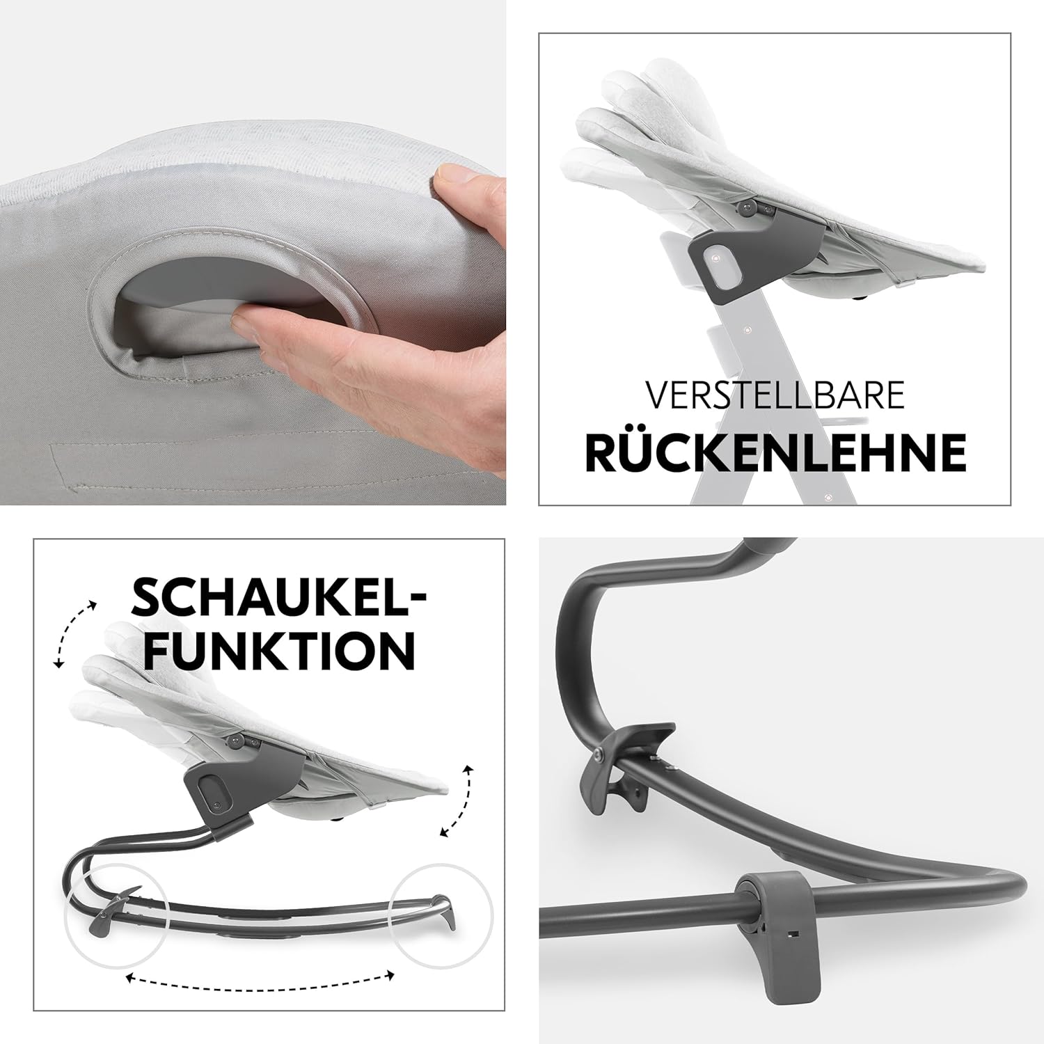 CLICKFUSION Alpha Plus Newborn Set mit Premium Bouncer Light Grey - Baby Holz Hochstuhl ab Geburt mit Liegefunktion - extra flacher Aufsatz für Neugeborene & Baumwoll Sitzpolster - Walnut