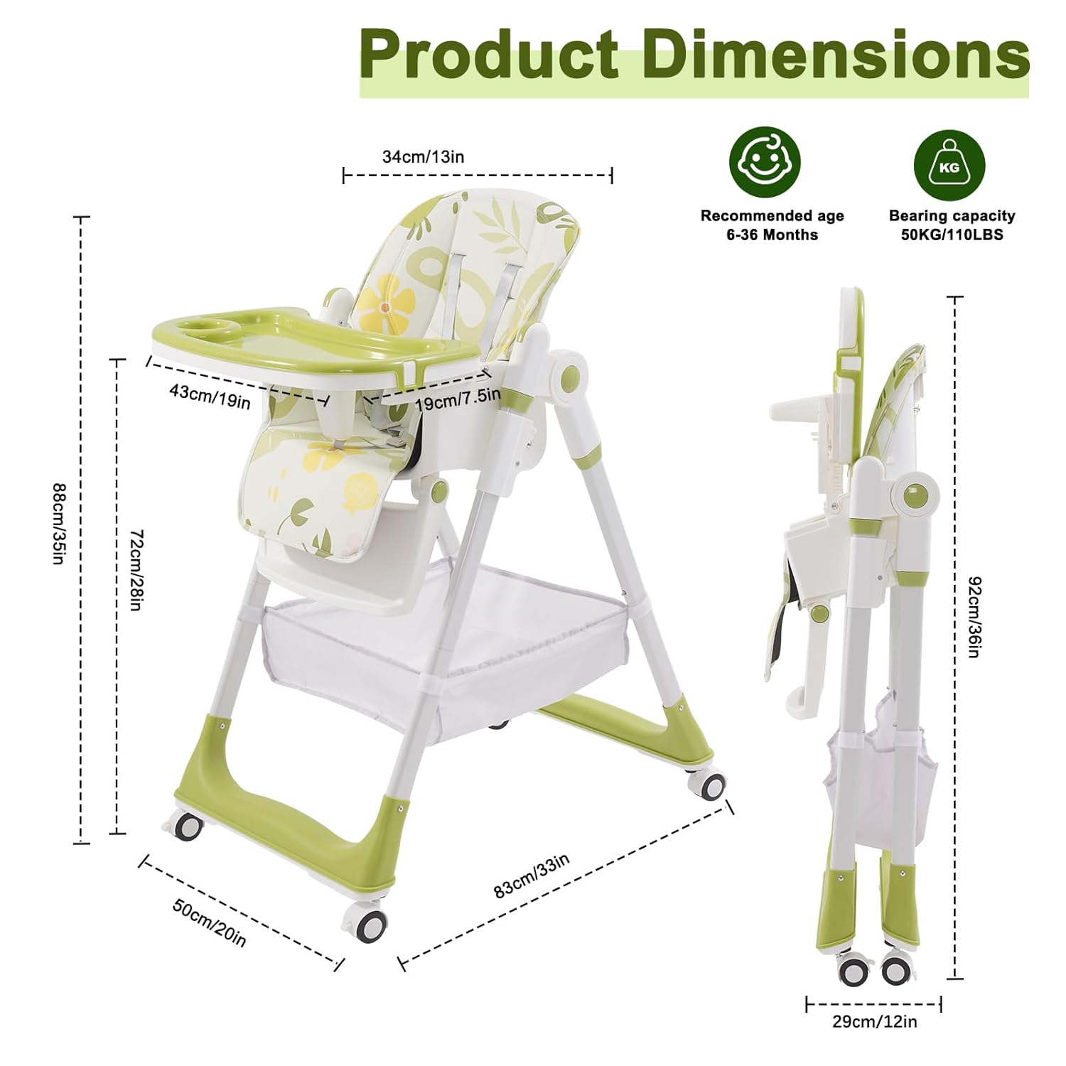 CLICKFUSION Hochstuhl Baby Klappbar, Kinderhochstuhl mit Fußstütze, Rädern, Verstellbare Höhe und Rückenlehne, Vielseitiger Hochstuhl Baby ab Geburt