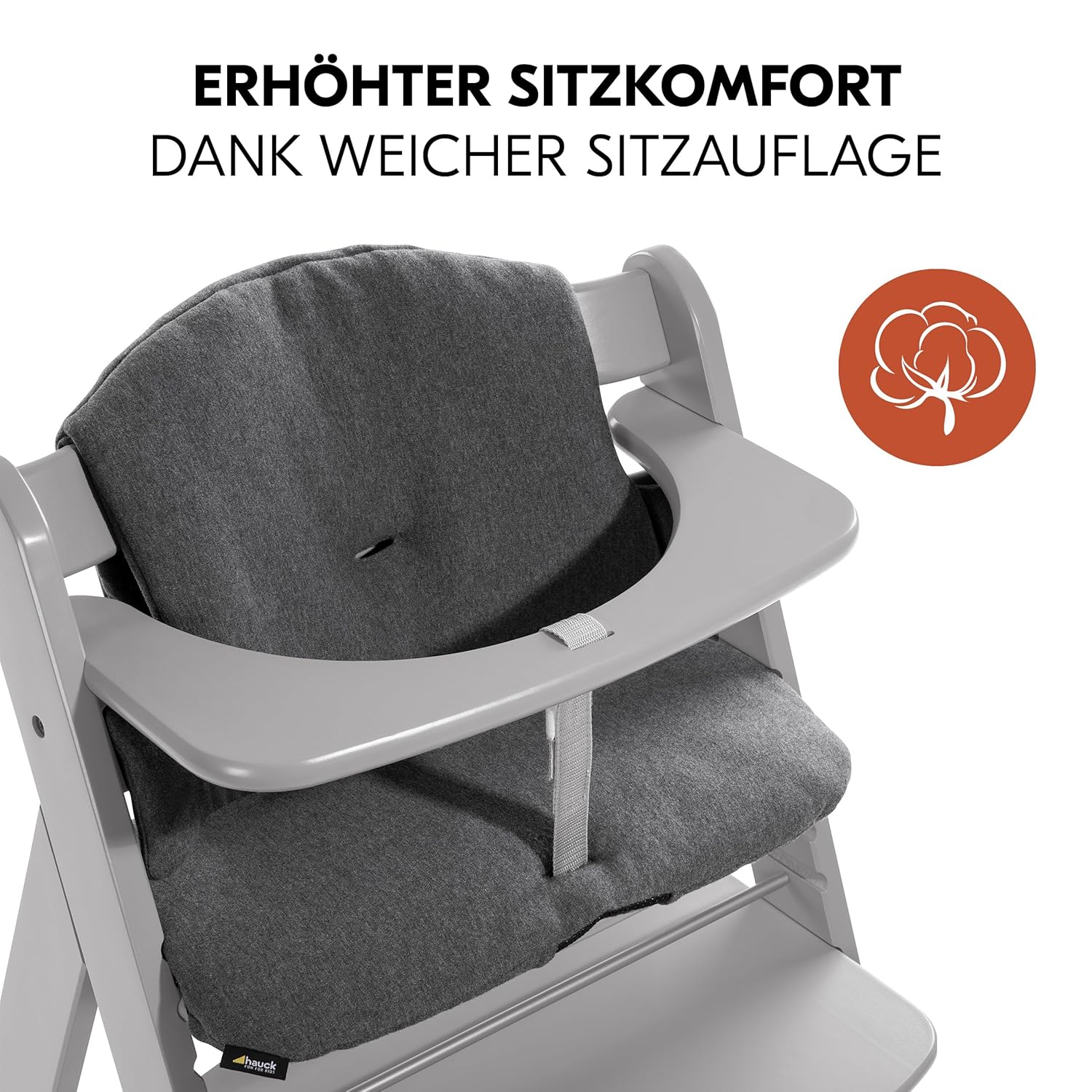 CLICKFUSION Hochstuhl Alpha Plus - Mitwachsender Holz-Kinderhochstuhl, höhenverstellbar, mit Sitzkissen, Schutzbügel & Gurt ab 6 Monaten - Grau