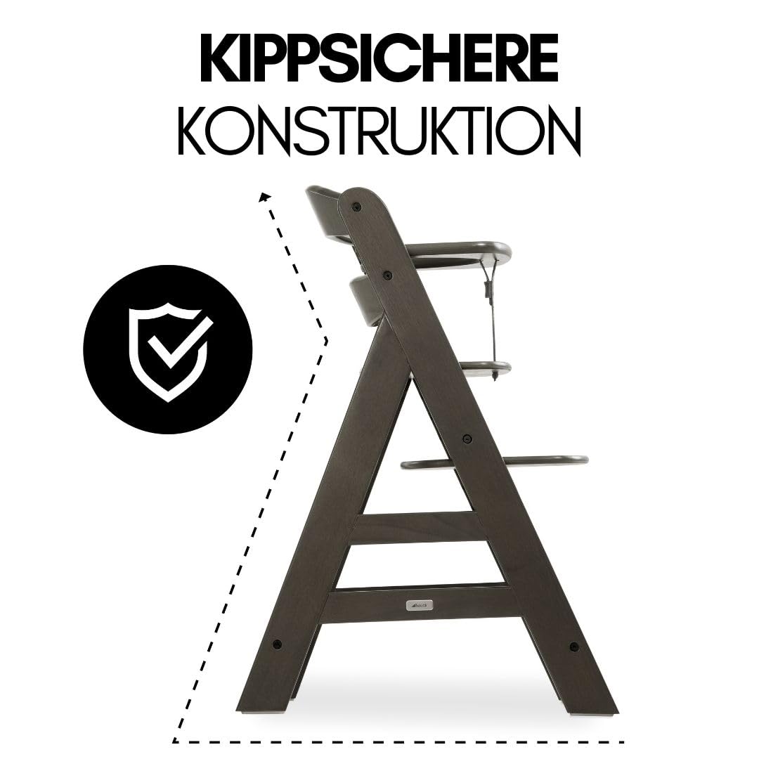 CLICKFUSION Hochstuhl Alpha Plus inkl. Sitzkissen und 2x Babyteller Silikon - Mitwachsender Babystuhl aus Holz, Kinderhochstuhl ab 6 Monate, verstellbar - Charcoal Nordic Grey