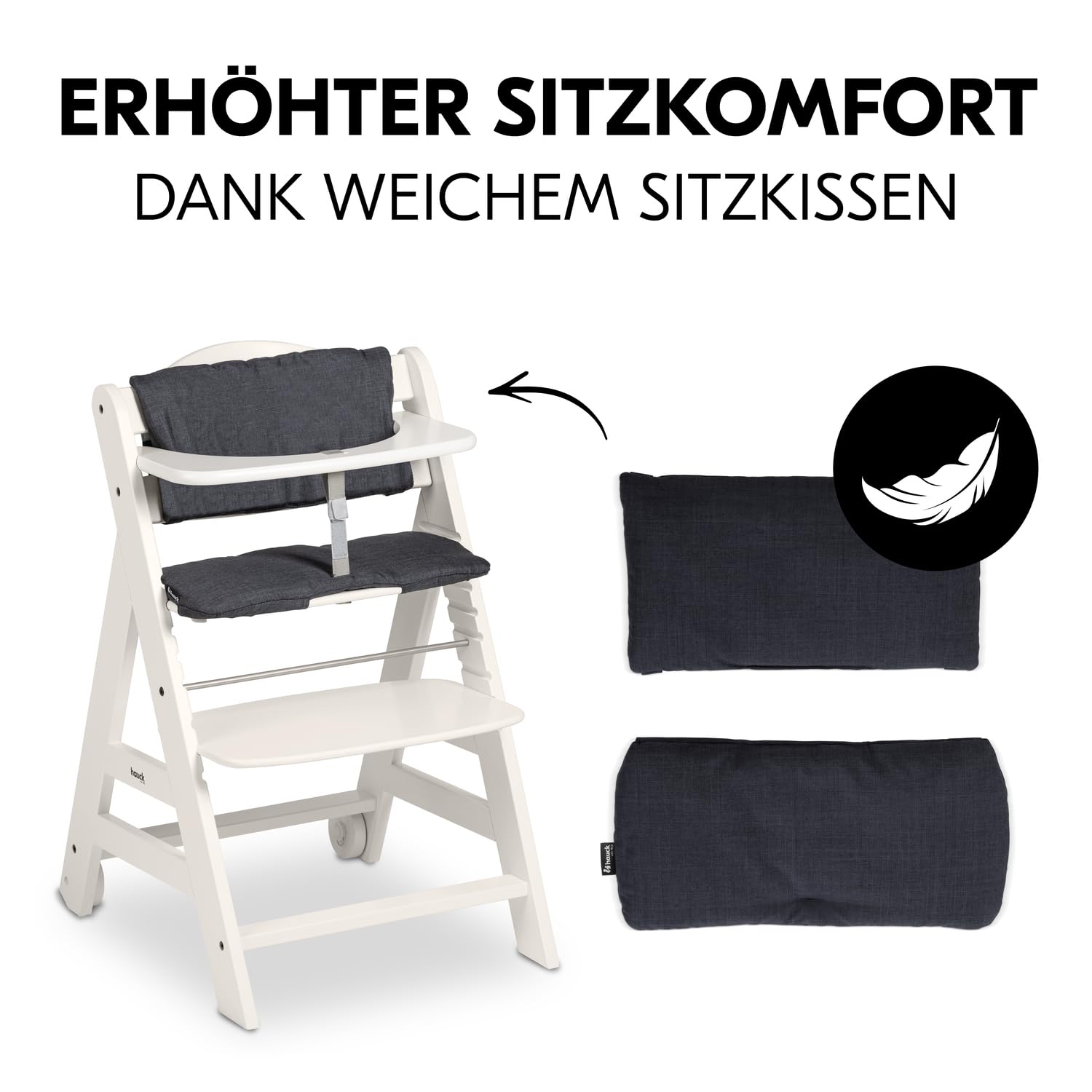 CLICKFUSION Kinder Hochstuhl Beta+, Mitwachsender Holz Babystuhl (FSC zertifiziert), Kinderhochstuhl ab 6 Monate mit Sitzkissen, Holz Essbrett und Schutzbügel, 5-Punkt-Gurt und Schrittgurt (White)