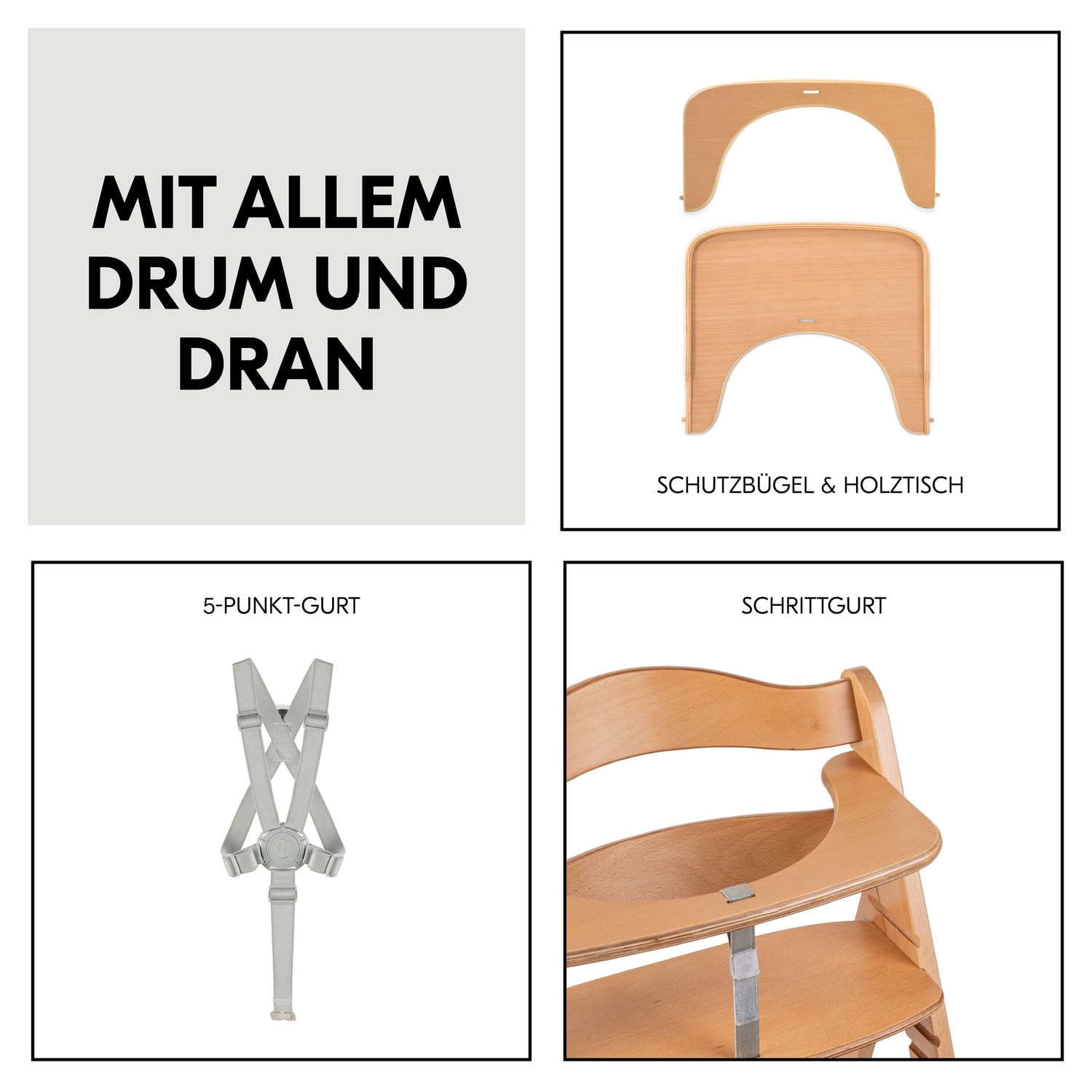 CLICKFUSION Kinder Hochstuhl Beta+, Mitwachsender Holz Babystuhl (FSC zertifiziert), Kinderhochstuhl ab 6 Monate mit Sitzkissen, Holz Essbrett und Schutzbügel, 5-Punkt-Gurt und Schrittgurt (Natural)