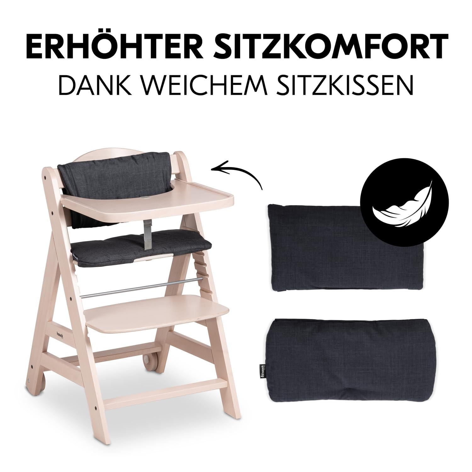 CLICKFUSION Kinder Hochstuhl Beta+, Mitwachsender Holz Babystuhl (FSC® zertifiziert), Kinderhochstuhl ab 6 Monate mit Sitzkissen, Holz Essbrett und Schutzbügel, 5-Punkt-Gurt und Schrittgurt (Whitewashed)