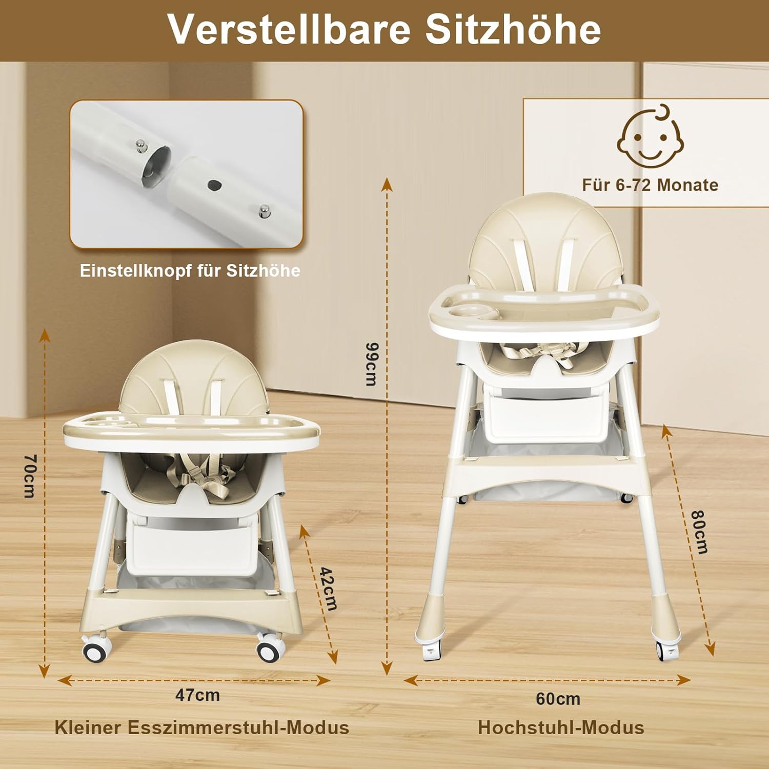 CLICKFUSION Hochstuhl Baby 6in1 Kinderhochstuhl mit Babyliege und Baby Schaukelstuhl, Verstellbar Klappbar Hochstuhl Baby mit Essbrett und Rollen,Korb, mitwachsend ab 6 Monate bis 6 Jahre Babystuhl
