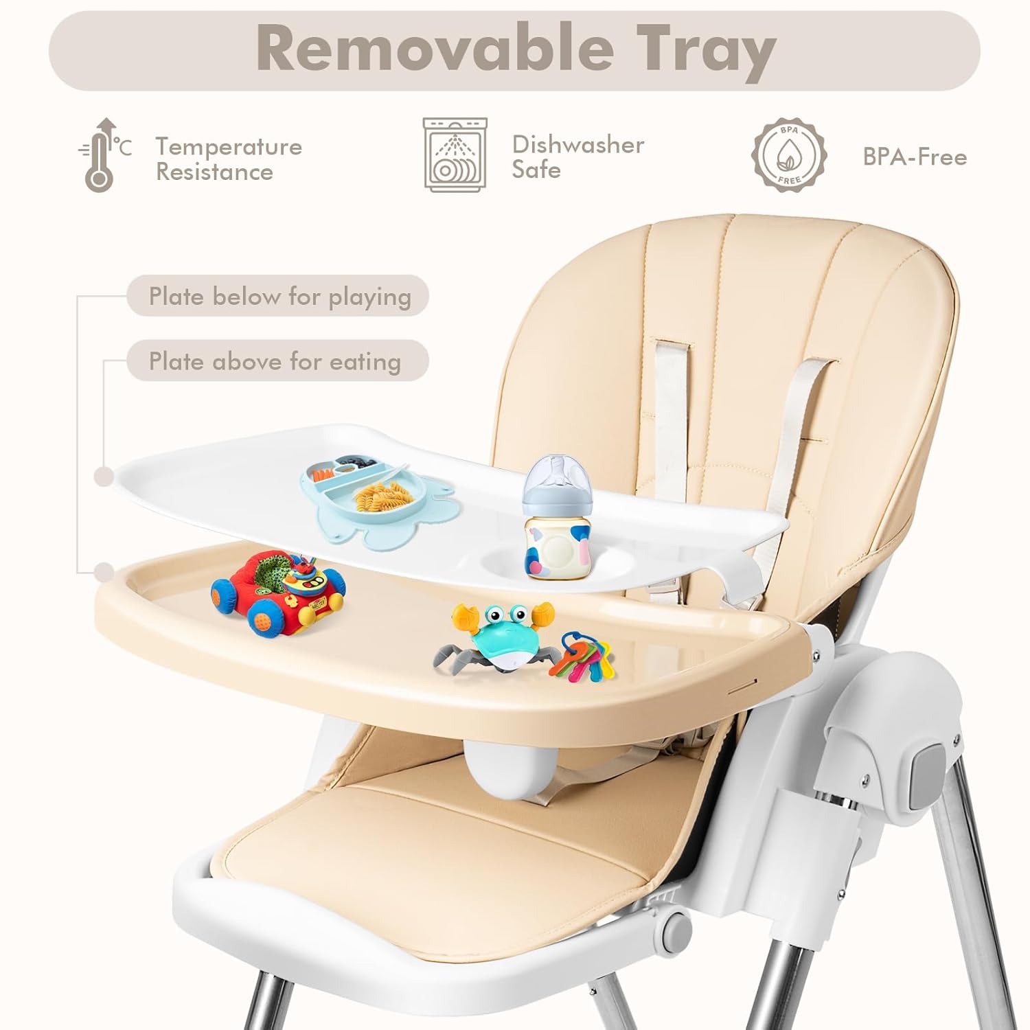 CLICKFUSION Hochstuhl Baby，Kinderhochstuhl Klappbar Baby mit Sicherheitsgurt,Tablett,Fußstütze,Liegefunktion，Einfach zu Reinigen,Babystuhl,Baby Essen Stuhl,Kinderstuhl ab 6 Monate bis 6 Jahre,Beige