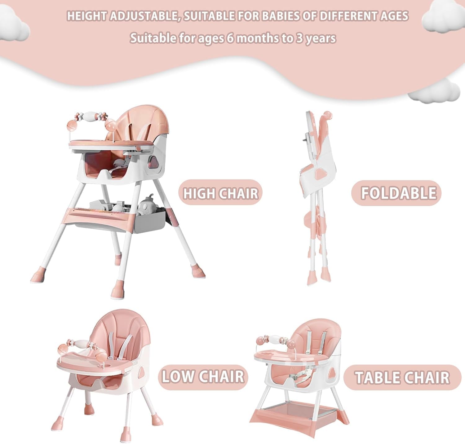 CLICKFUSION 3-in-1 Babyhochstuhl, Kinderstuhl Klappbar Baby Hochstuhl ab 6 Monate, Umwandelbarer Ess- und Spielhochstuhl mit Doppellagigem Essteller und Spielzeugregal