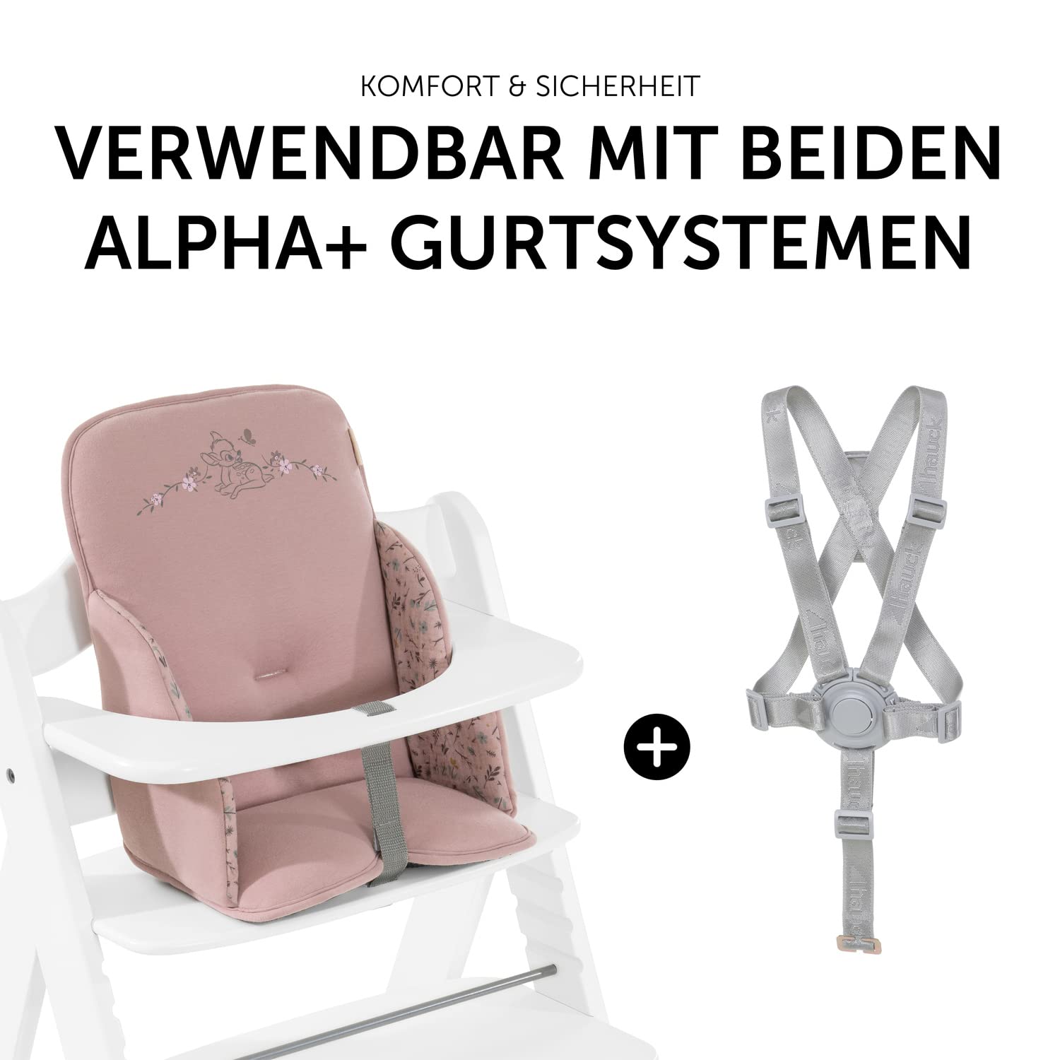 CLICKFUSION Sitzverkleinerer Kissen Alpha Cosy Kompatibel mit Alpha+, Beta+ & Arketa Holzhochstuhl für Babys 6-36 Monate Hochstuhl Sitzkissen mit hoher Rückenlehne & Stabilen Seiten (Disney Bambi Rose)