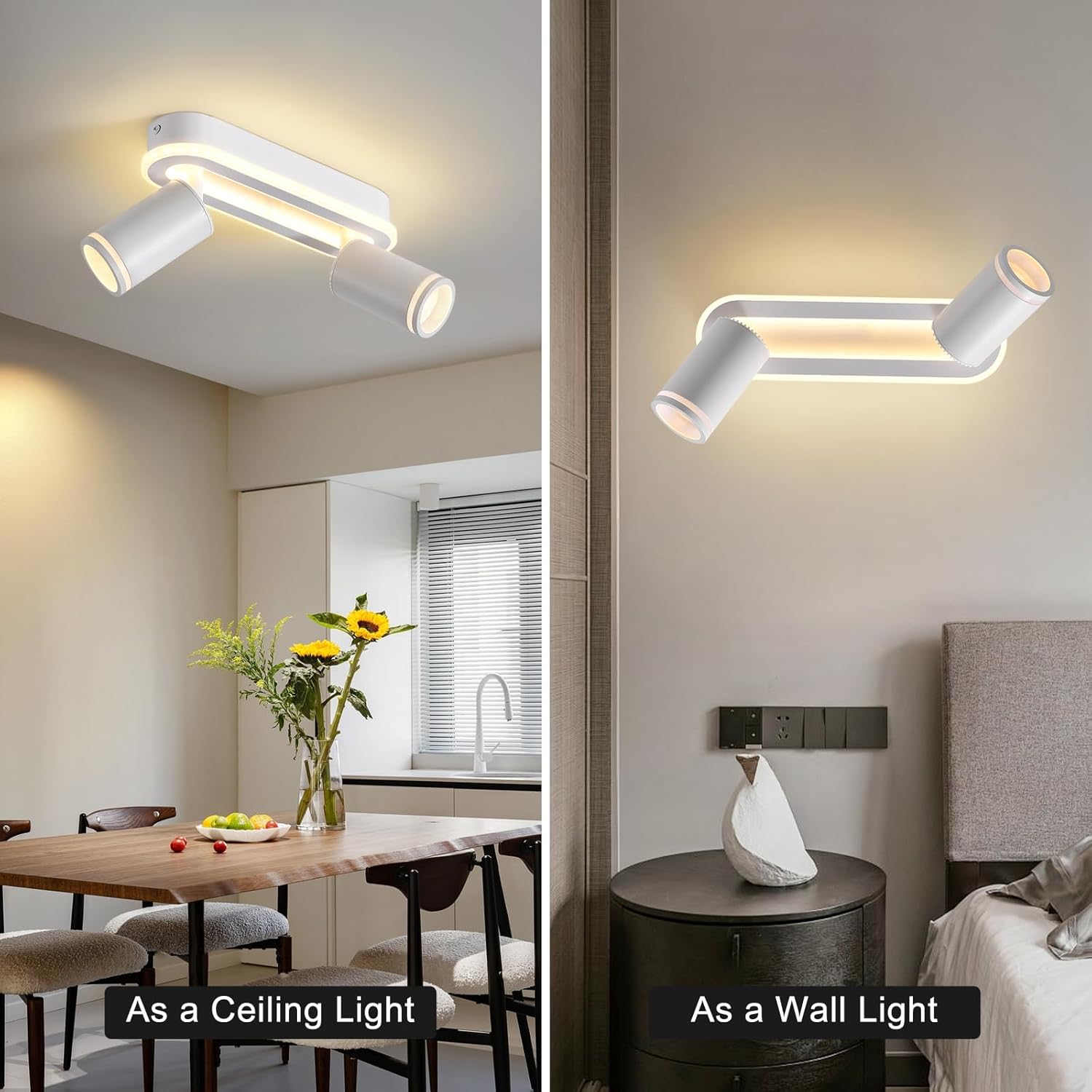 CLICKFUSIONLED Ceiling Spotlight 2 Bulbs Swivelling 350° Ceiling Light with Lower Glow 15 W + 2 x 5 W GU10 Spotlights, 3000 K Warm White Ceiling Spotlight for Kitchen, Colour Modes 360 Rotatable [Energy Class F]