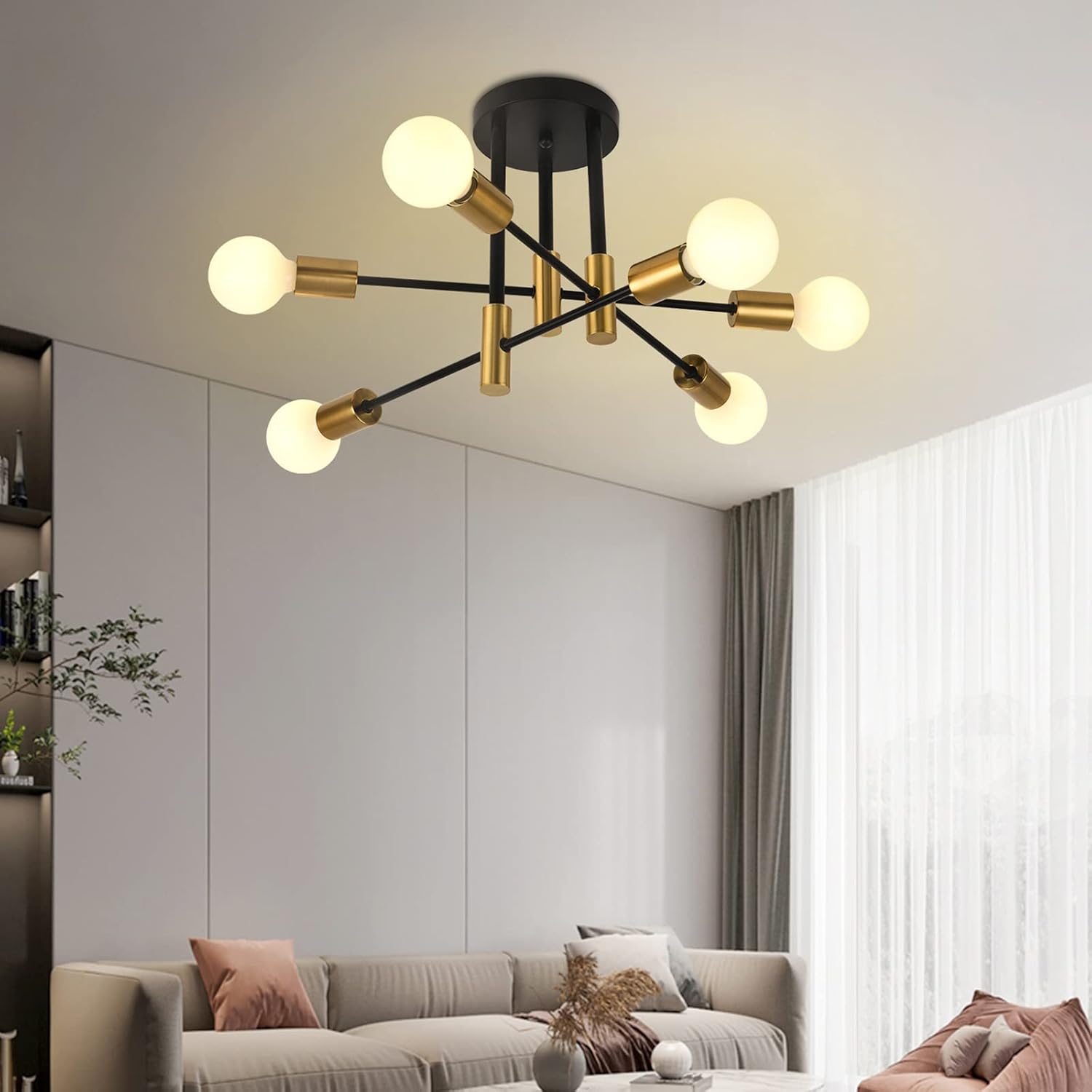 CLICKFUSION Deckenleuchte Vintage, Sputnik Kronleuchter Industrial Modern Hängelampe für Wohnzimmer Esszimmer Flur Restaurant Hotel, 6 Flammig Gold E27