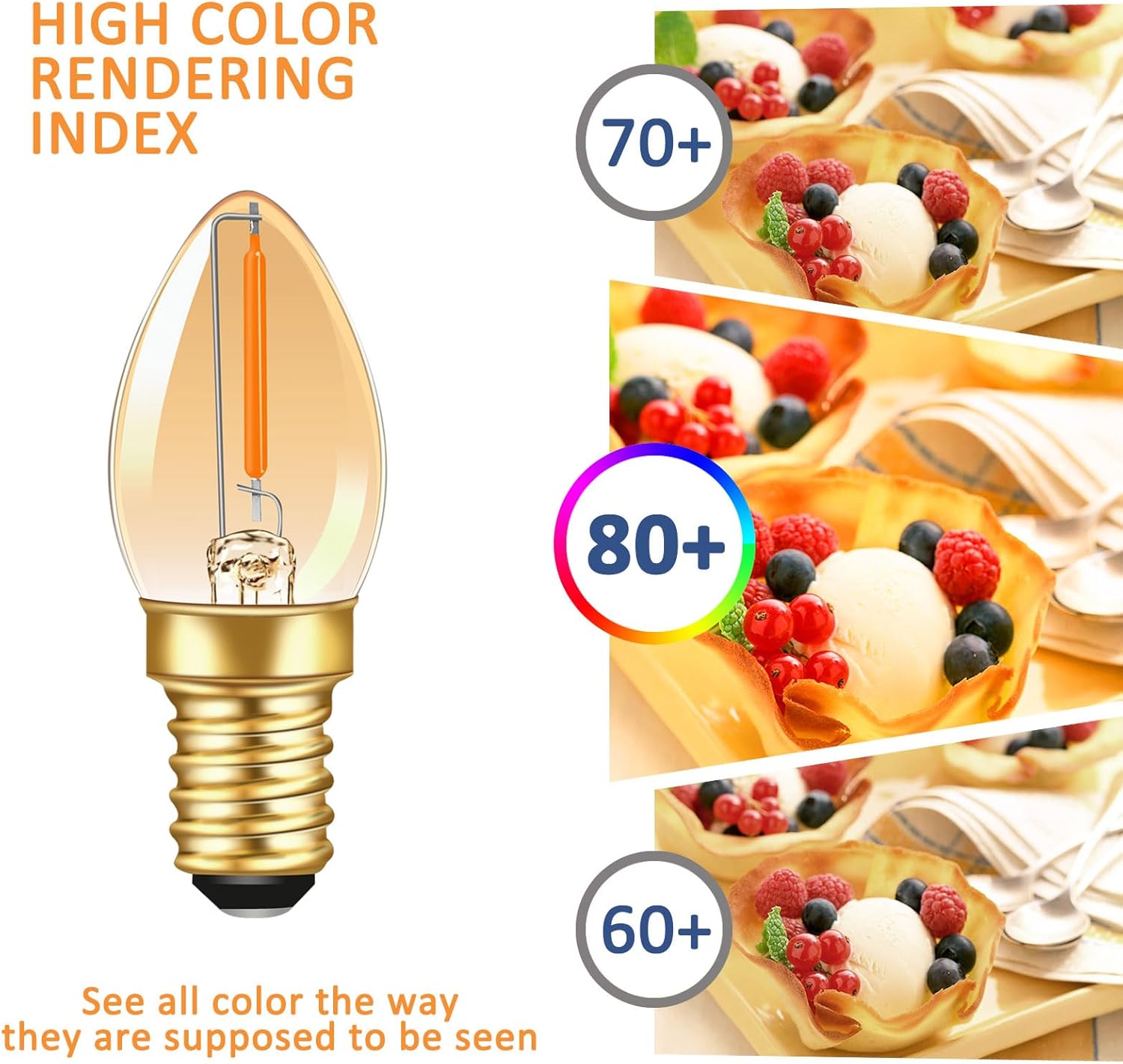 CLICKFUSION 2 Stück C7 LED Kerze Birne 0.5W E14 Filament Glühbirne Ersetzt 5W Warmweiß 2200K 50LM 220V Amber Vintage Edison E14 für Weihnachtsdeko Nachtlicht Salzelampe, Nicht Dimmbar [Energieklasse G]