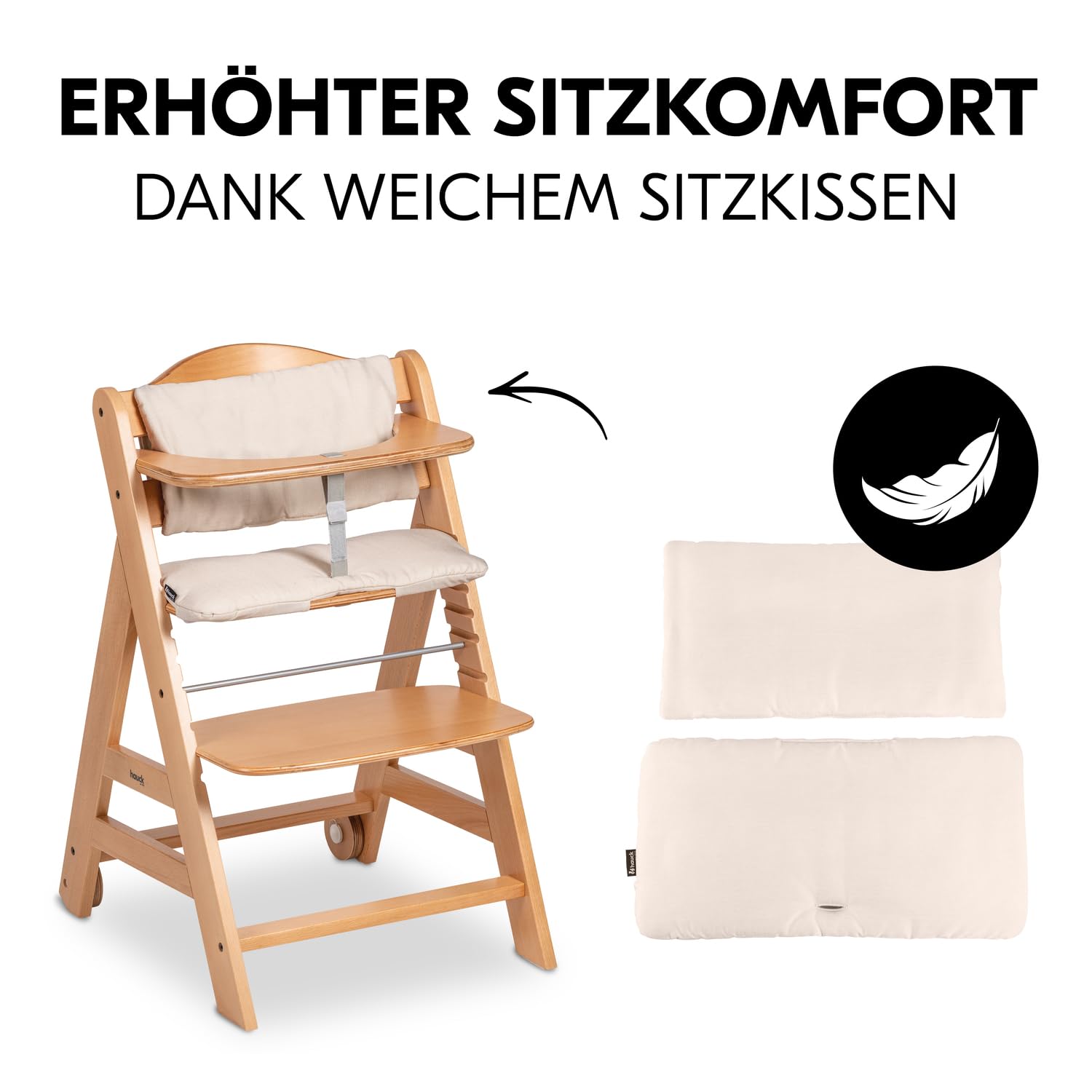 CLICKFUSION Kinder Hochstuhl Beta+, Mitwachsender Holz Babystuhl (FSC zertifiziert), Kinderhochstuhl ab 6 Monate mit Sitzkissen, Holz Essbrett und Schutzbügel, 5-Punkt-Gurt und Schrittgurt (Natural)