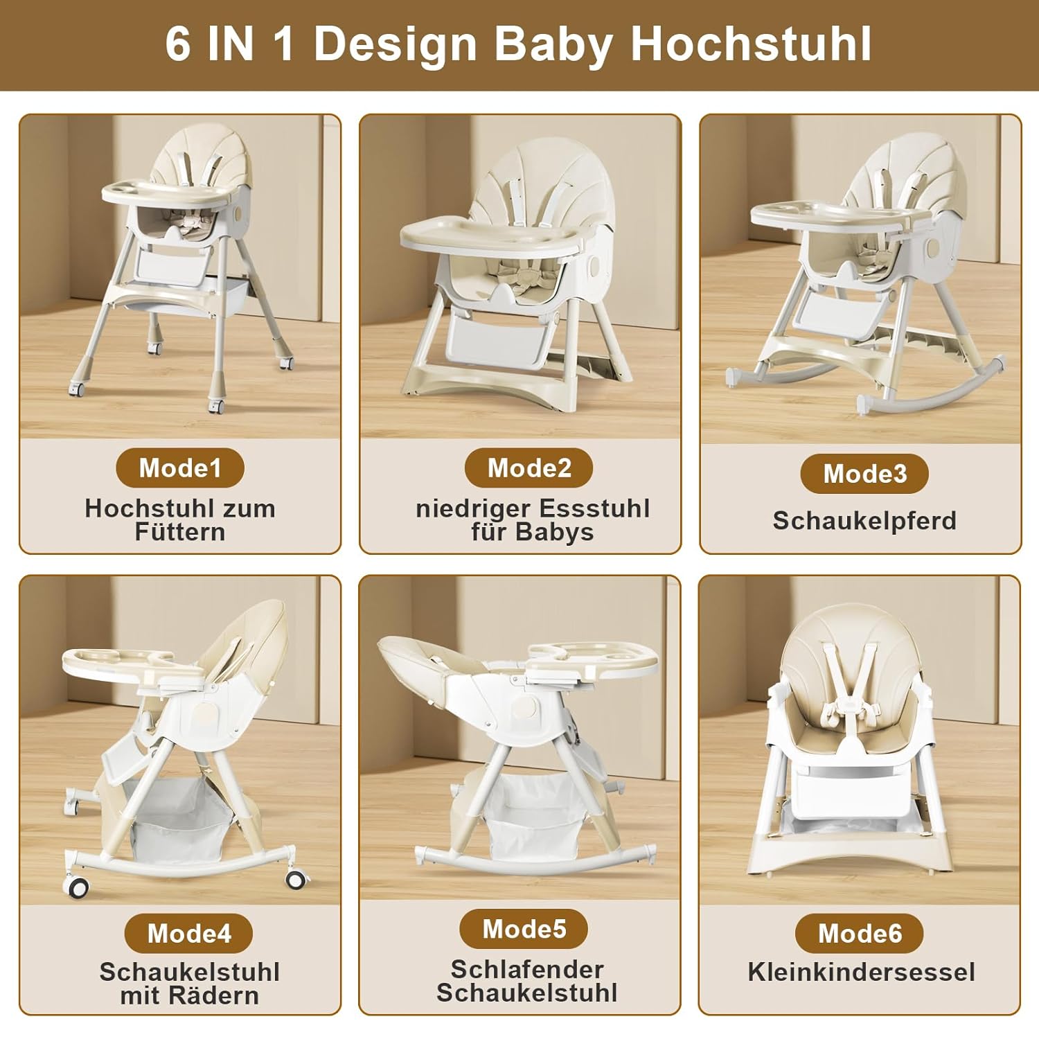 CLICKFUSION Hochstuhl Baby 6in1 Kinderhochstuhl mit Babyliege und Baby Schaukelstuhl, Verstellbar Klappbar Hochstuhl Baby mit Essbrett und Rollen,Korb, mitwachsend ab 6 Monate bis 6 Jahre Babystuhl