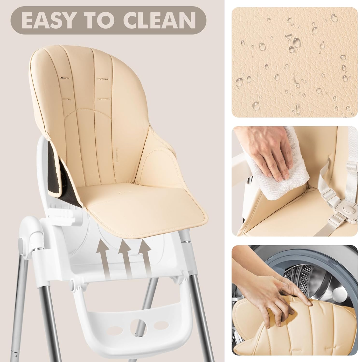 CLICKFUSION Hochstuhl Baby，Kinderhochstuhl Klappbar Baby mit Sicherheitsgurt,Tablett,Fußstütze,Liegefunktion，Einfach zu Reinigen,Babystuhl,Baby Essen Stuhl,Kinderstuhl ab 6 Monate bis 6 Jahre,Beige