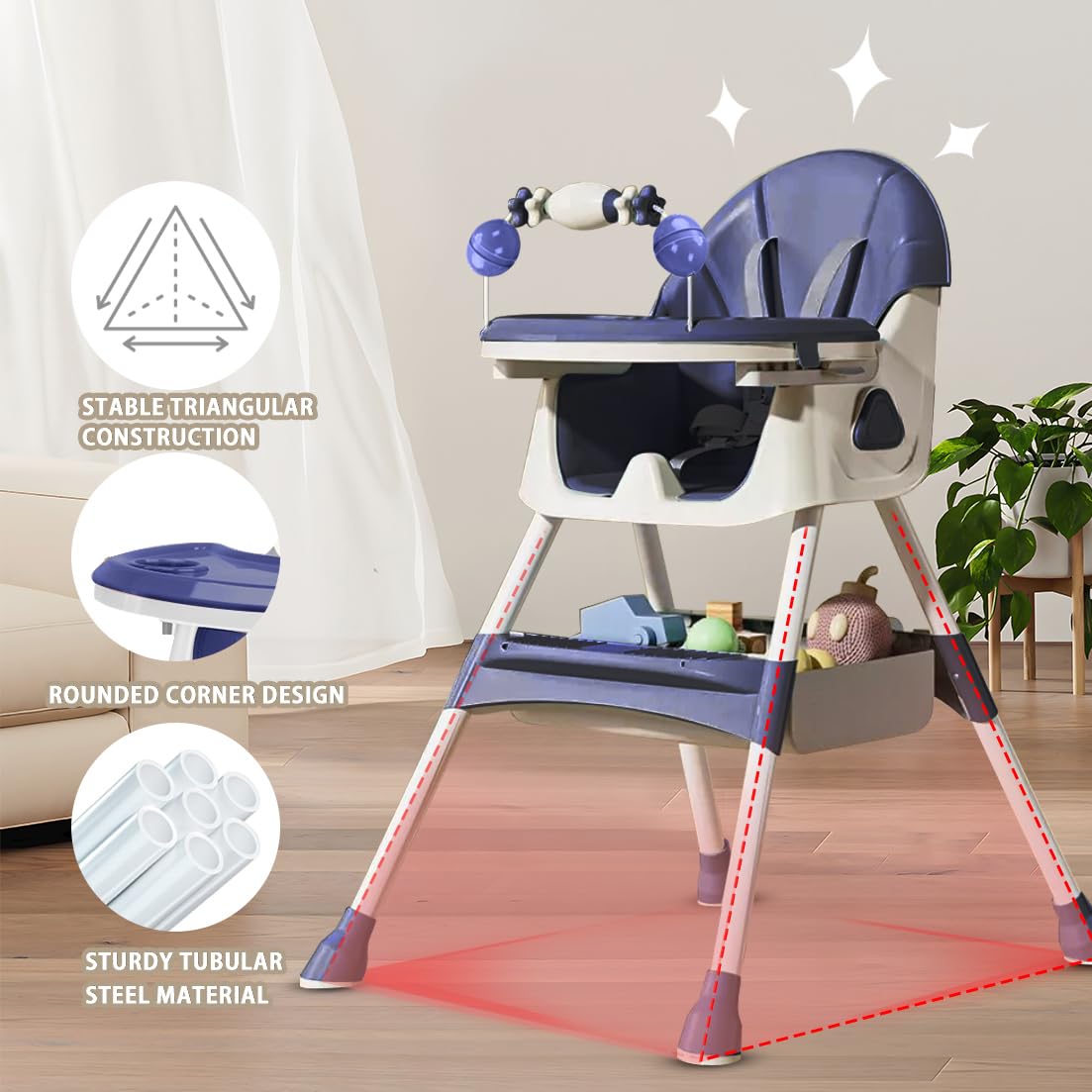 CLICKFUSION 3-in-1 Babyhochstuhl, Kinderstuhl Klappbar Baby Hochstuhl ab 6 Monate, Umwandelbarer Ess- und Spielhochstuhl mit Doppellagigem Essteller und Spielzeugregal