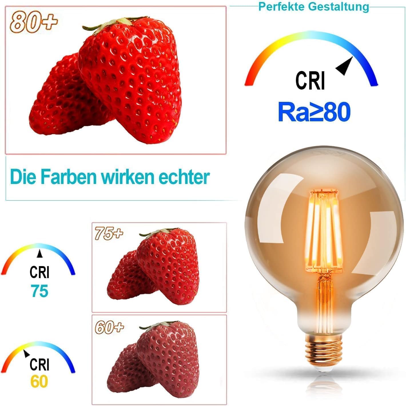 CLICKFUSION Edison Vintage Glühbirne, 95mm Durchmesser, G95 E27 LED Filament Lampe, 4W Ersetzt 40W Glühlampe, 400 LM, 2200K Warmweiß, Bernsteinfarbenes Glas, Nicht Dimmbar, 2 Stück