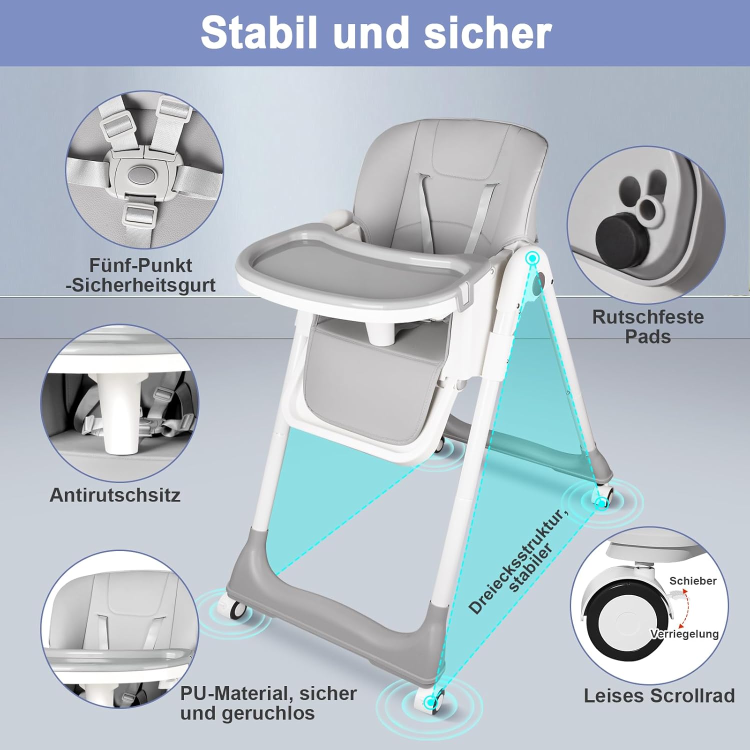 CLICKFUSION Hochstuhl Baby, Kinderhochstuhl mit Babyliege, Verstellbar Klappbar Hochstuhl Baby mit Essbrett und Rollen,Korb, mitwachsend ab 6 Monate bis 6 Jahre Babystuhl