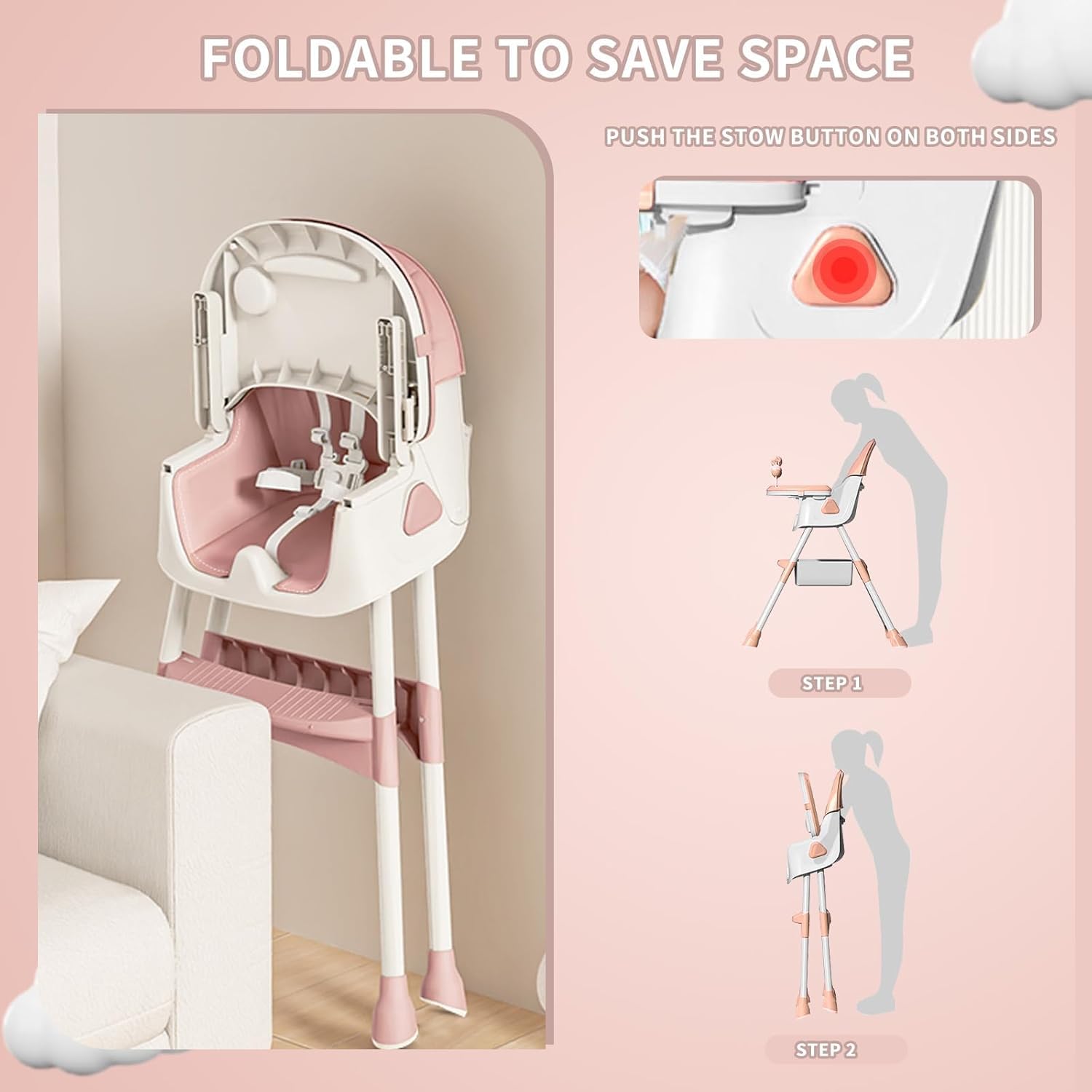 CLICKFUSION 3-in-1 Babyhochstuhl, Kinderstuhl Klappbar Baby Hochstuhl ab 6 Monate, Umwandelbarer Ess- und Spielhochstuhl mit Doppellagigem Essteller und Spielzeugregal