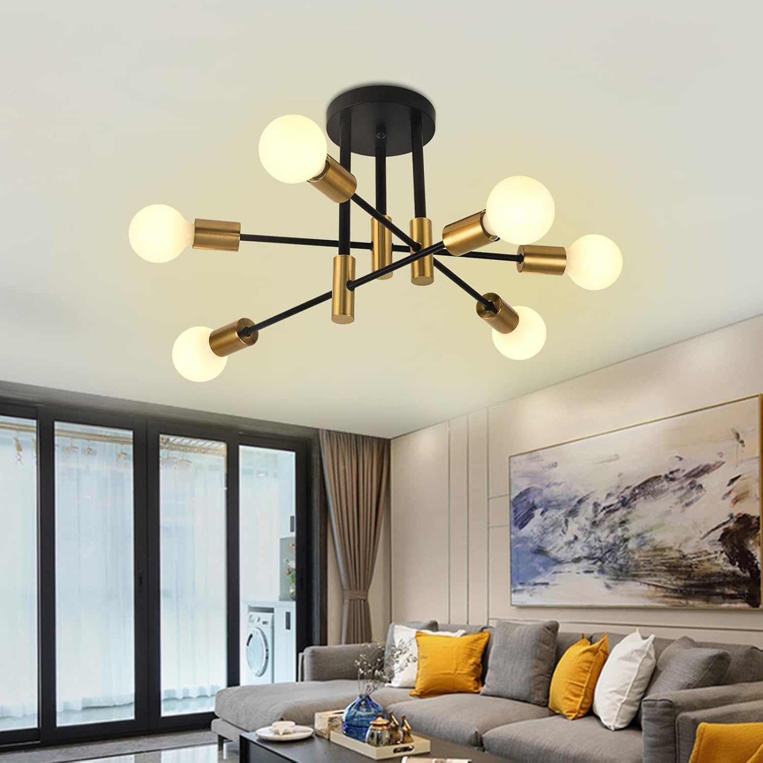 CLICKFUSION Deckenleuchte Vintage, Sputnik Kronleuchter Industrial Modern Hängelampe für Wohnzimmer Esszimmer Flur Restaurant Hotel, 6 Flammig Gold E27