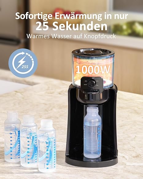 CLICKFUSION Babyflaschenbereiter, Babyflaschenwärmer, Sofortwärmer, Wasserbereiter zur Softherstellung von Säuglingsmilchflaschen, 4 Temperaturen, 72H intelligenter Thermostat, Heißwasserbereiter, Schwarz