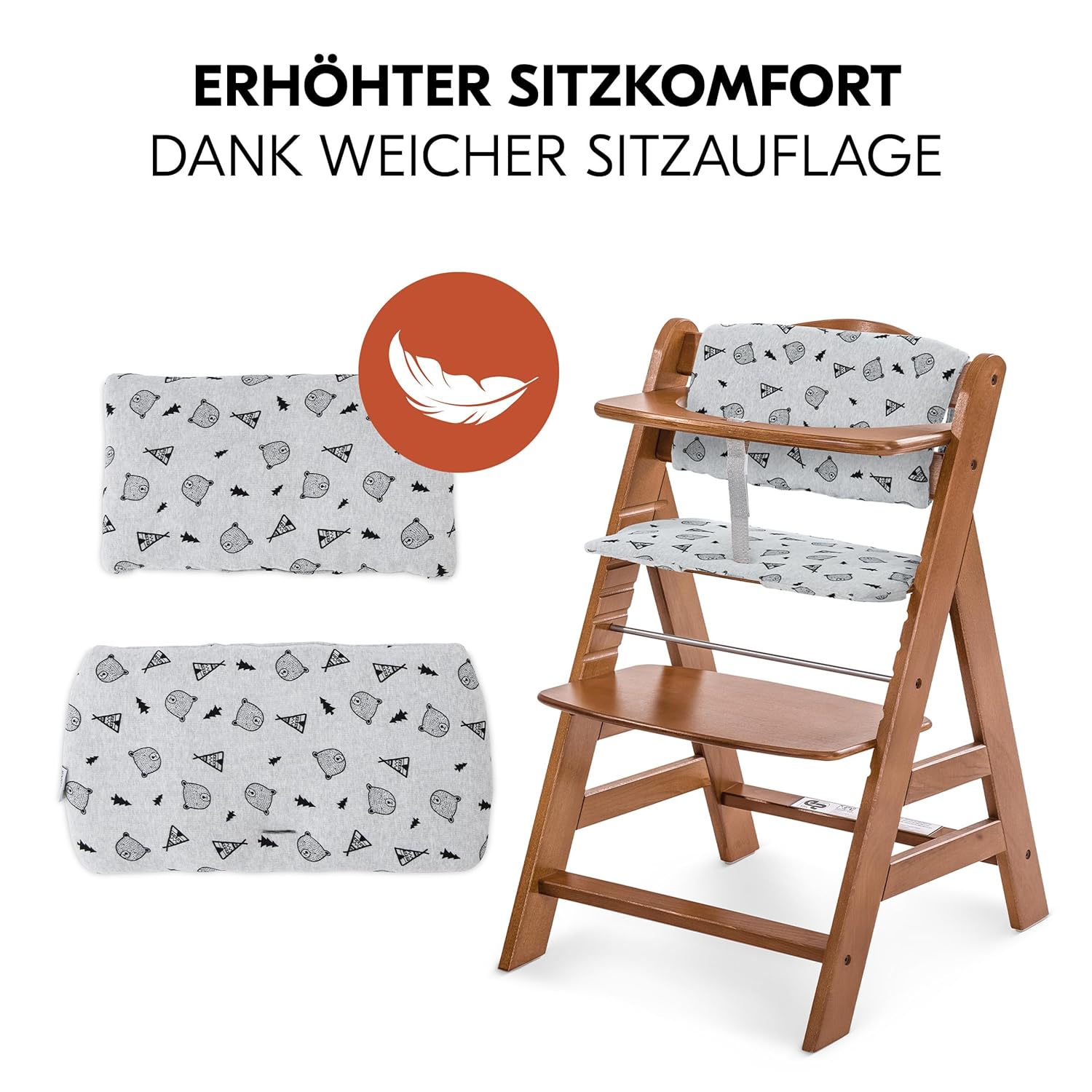 CLICKFUSION Alpha Plus Newborn Set mit Premium Bouncer Light Grey - Baby Holz Hochstuhl ab Geburt mit Liegefunktion - extra flacher Aufsatz für Neugeborene & Baumwoll Sitzpolster - Walnut