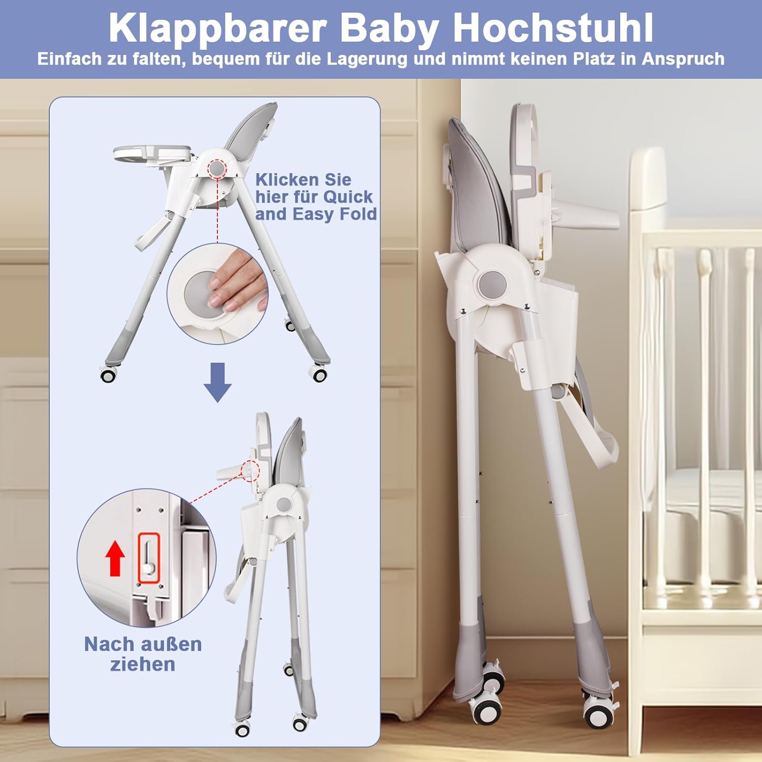 CLICKFUSION Hochstuhl Baby, Kinderhochstuhl mit Babyliege, Verstellbar Klappbar Hochstuhl Baby mit Essbrett und Rollen,Korb, mitwachsend ab 6 Monate bis 6 Jahre Babystuhl