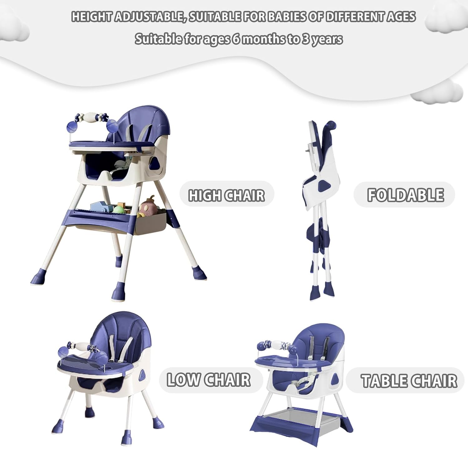 CLICKFUSION 3-in-1 Babyhochstuhl, Kinderstuhl Klappbar Baby Hochstuhl ab 6 Monate, Umwandelbarer Ess- und Spielhochstuhl mit Doppellagigem Essteller und Spielzeugregal